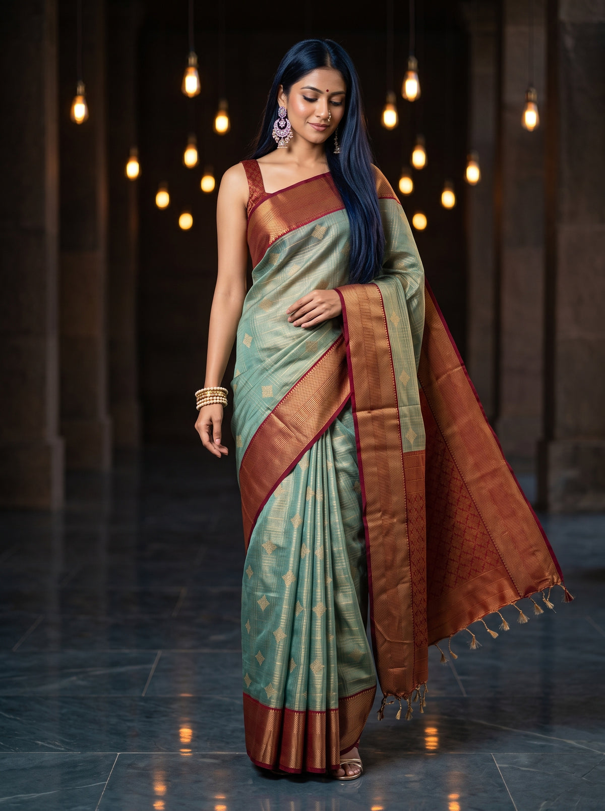MIMOSA Sapphire Kanjivaram Organza Saree — AI Model lifestyle pose