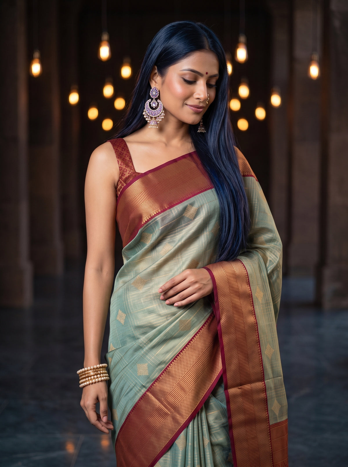 MIMOSA Sapphire Kanjivaram Organza Saree — AI Model lower saree detail