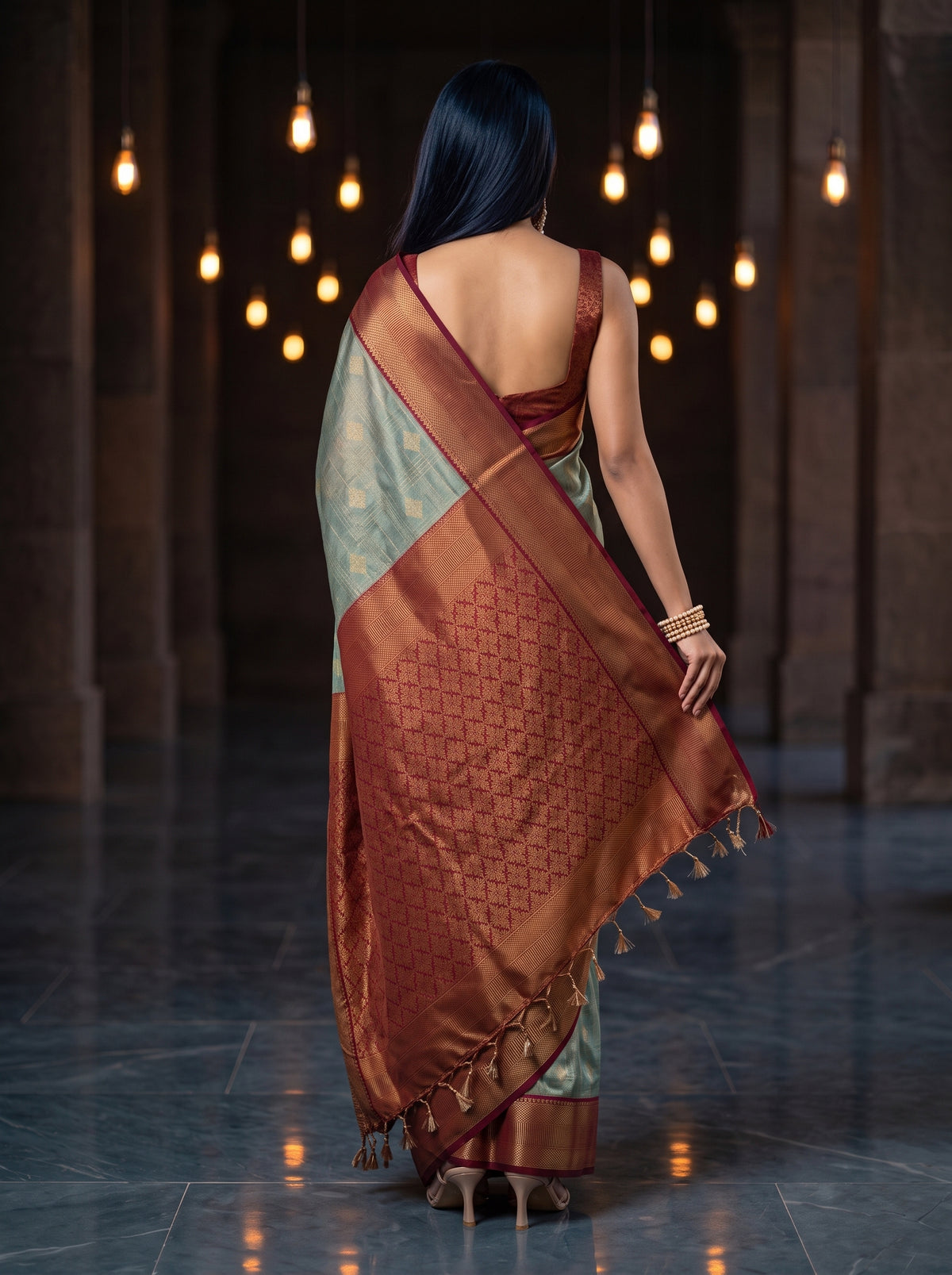 MIMOSA Sapphire Kanjivaram Organza Saree — AI Model close-up face