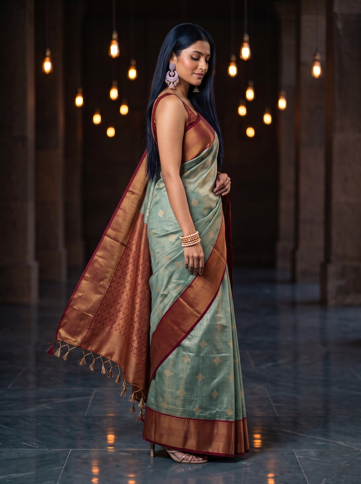 MIMOSA Sapphire Kanjivaram Organza Saree — AI Model close-up shoulder