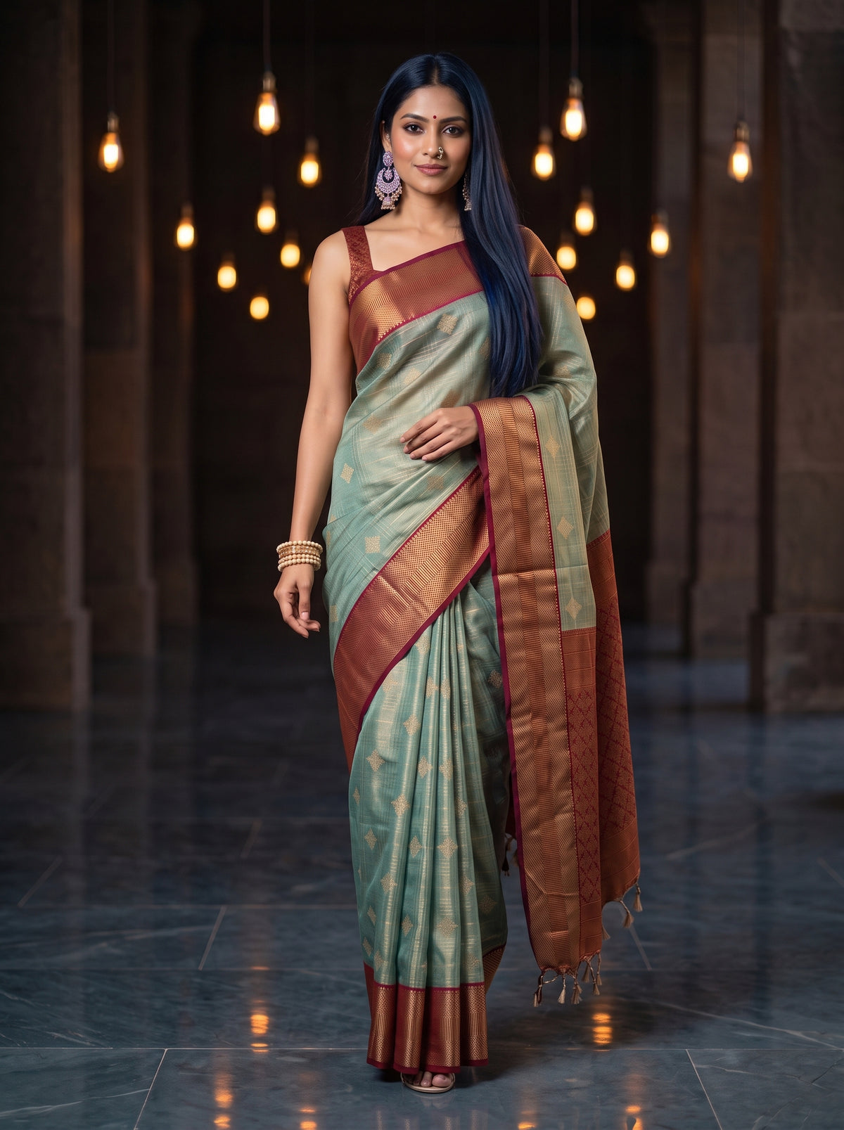 MIMOSA Sapphire Kanjivaram Organza Saree — AI Model torso and hand