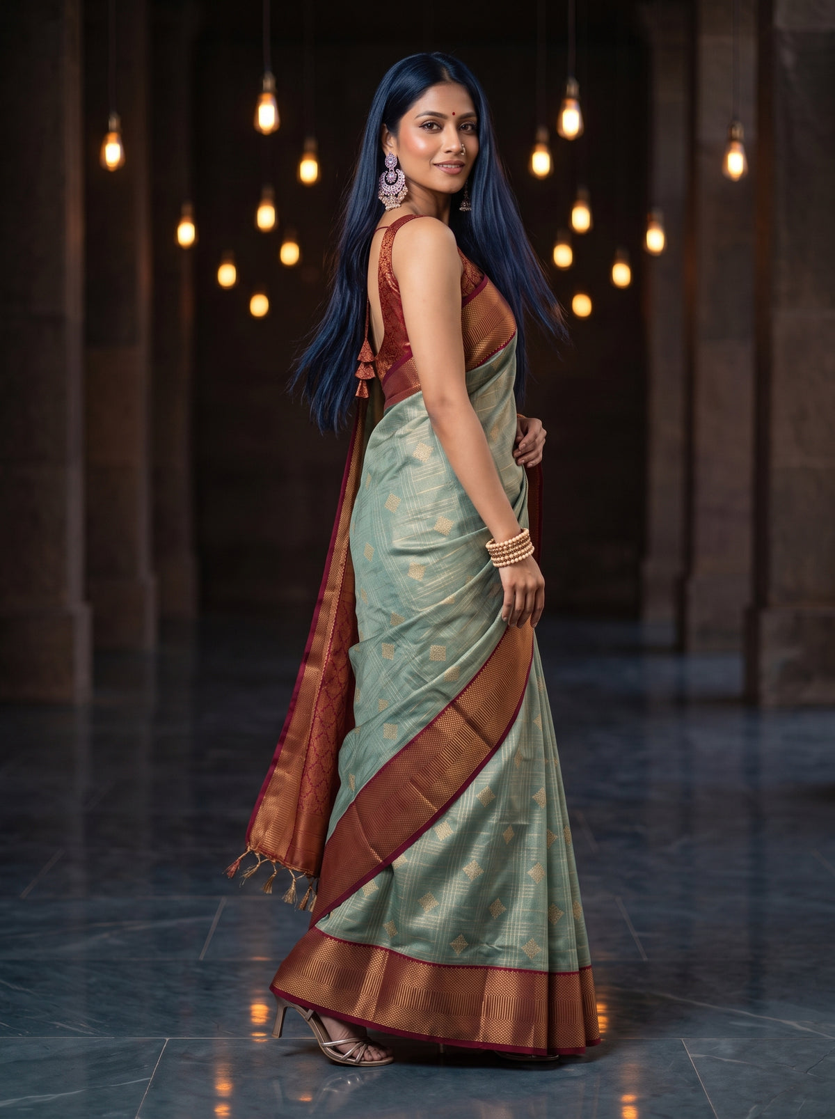 MIMOSA Sapphire Kanjivaram Organza Saree — AI Model lower body