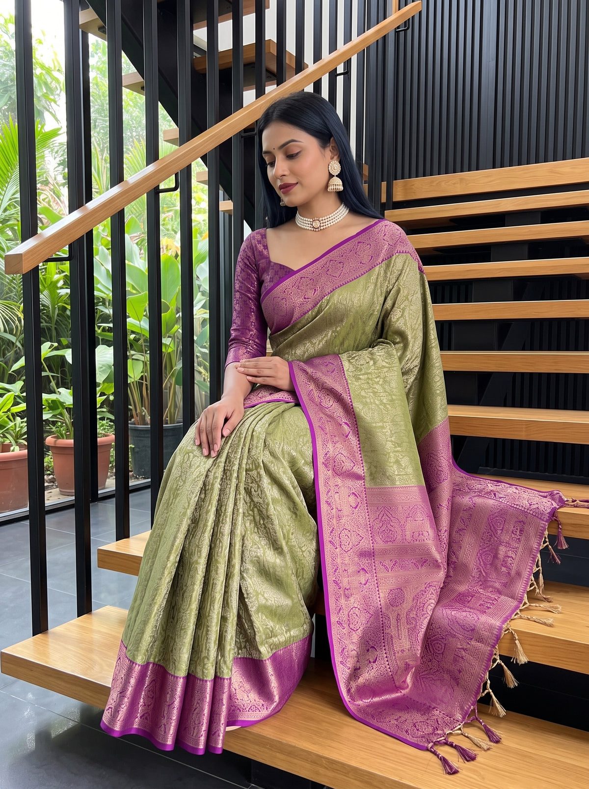 MIMOSA Green Kanjivaram Art Silk Saree — pose 10 styling detail