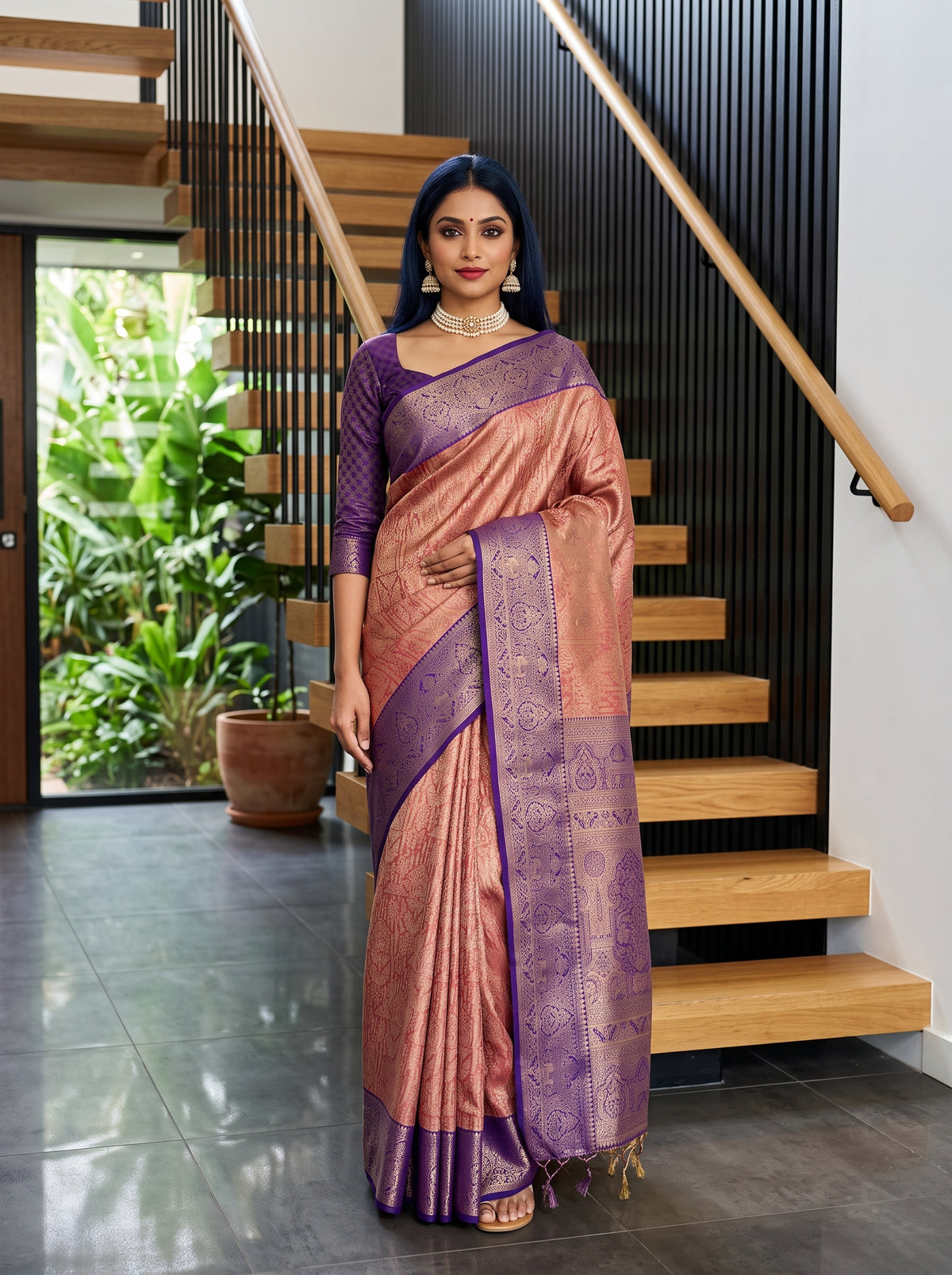 MIMOSA Rani Kanjivaram Art Silk Saree — AI Model lifestyle pose 1