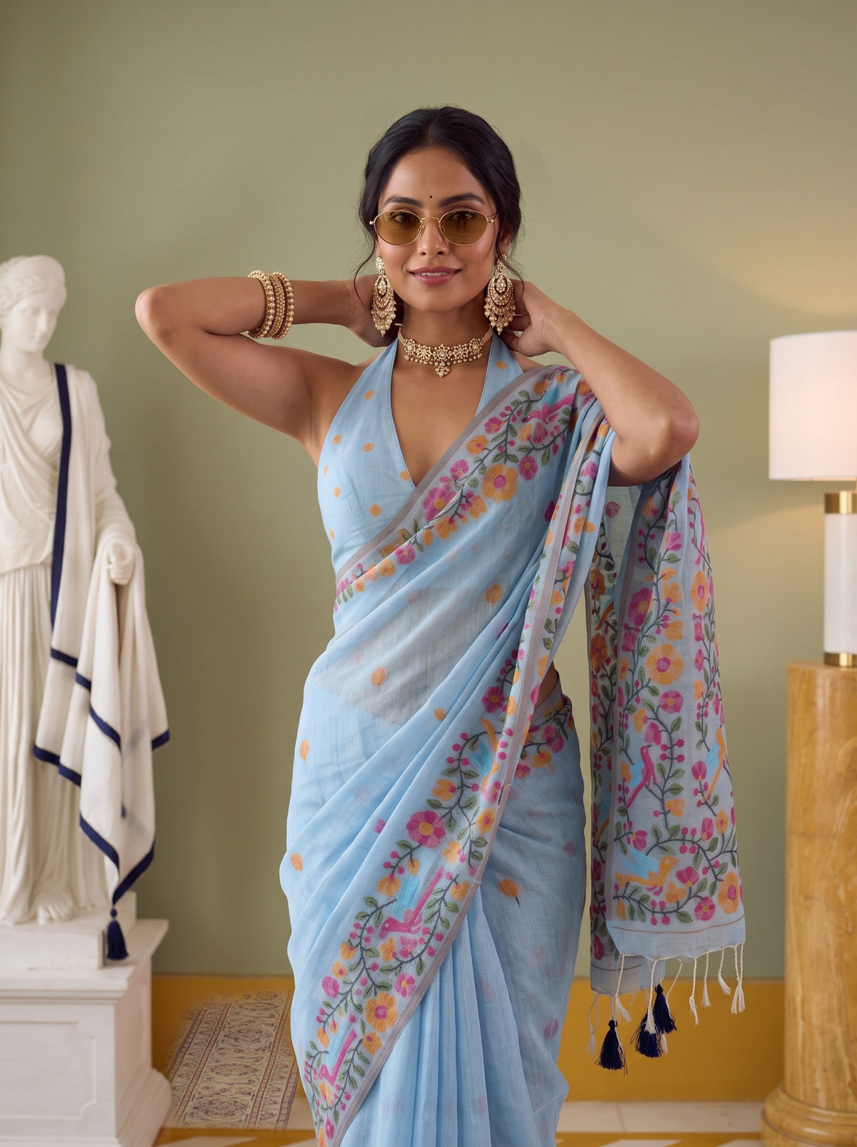 MIMOSA Blue Banarasi Linen Saree — pose 10 styling detail