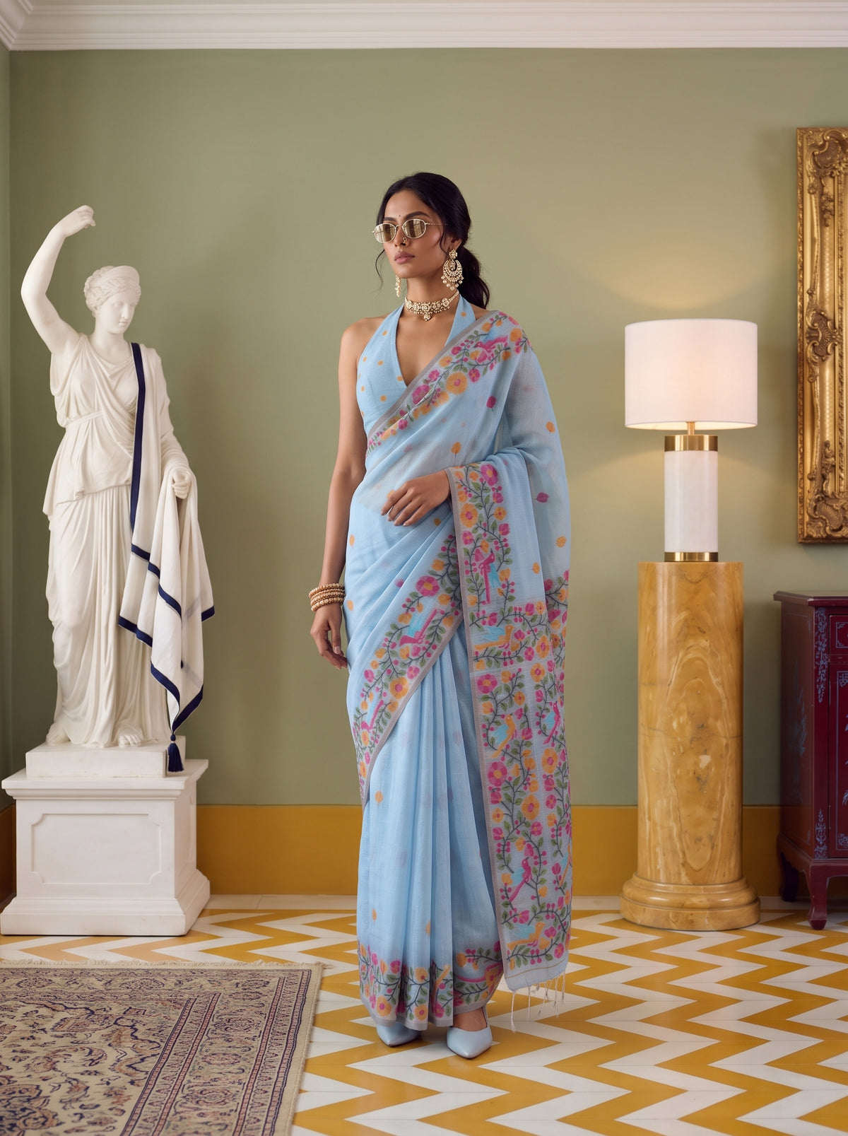 MIMOSA Blue Banarasi Linen Saree — pose 5 styling detail