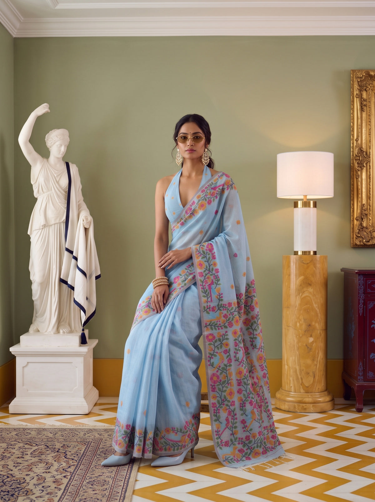 MIMOSA Blue Banarasi Linen Saree — pose 8 styling detail