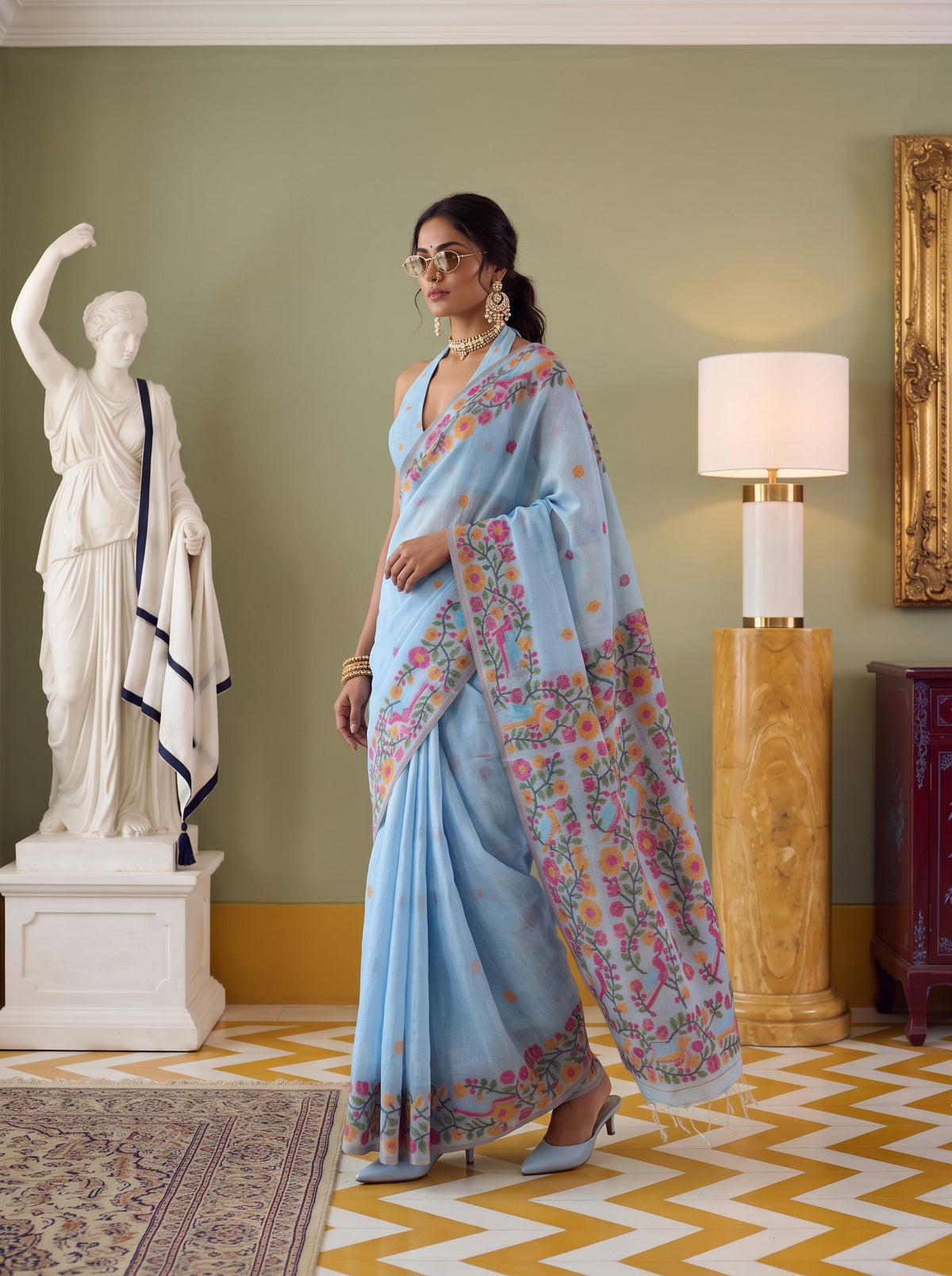 MIMOSA Blue Banarasi Linen Saree — pose 9 styling detail