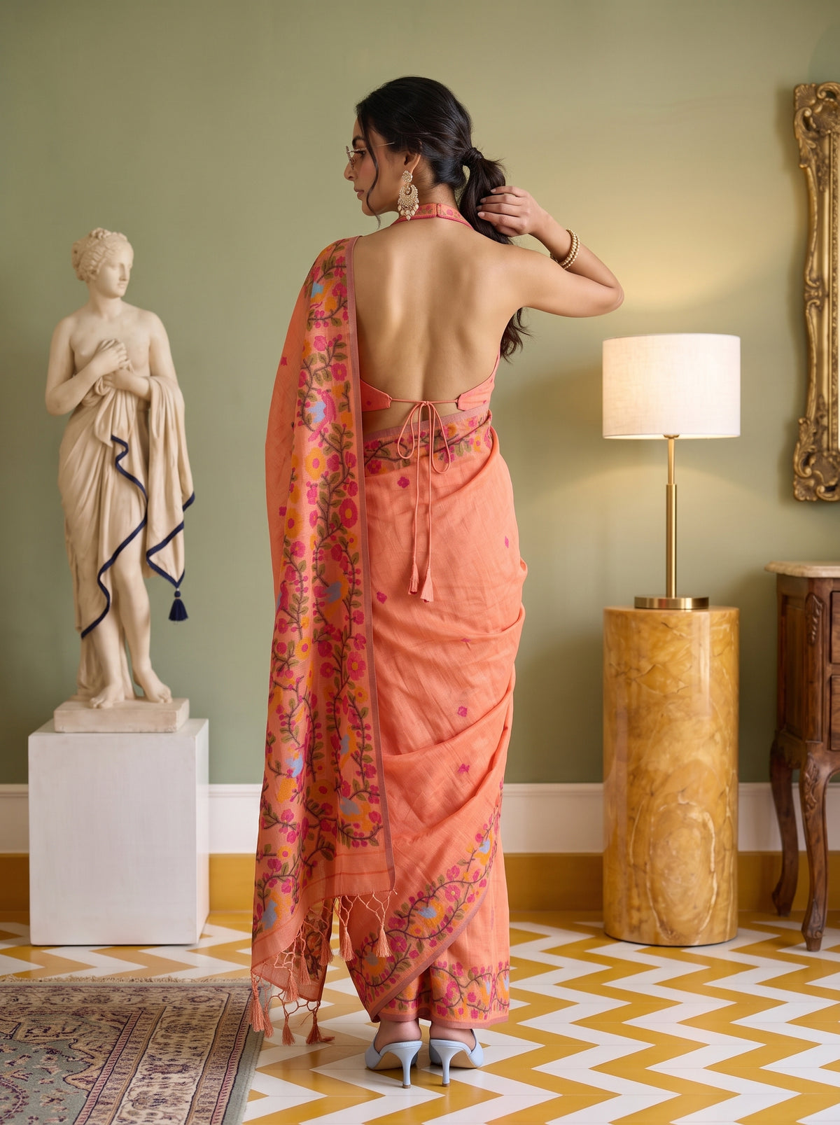 MIMOSA Gajari Banarasi Linen Saree — pose 2 styling detail
