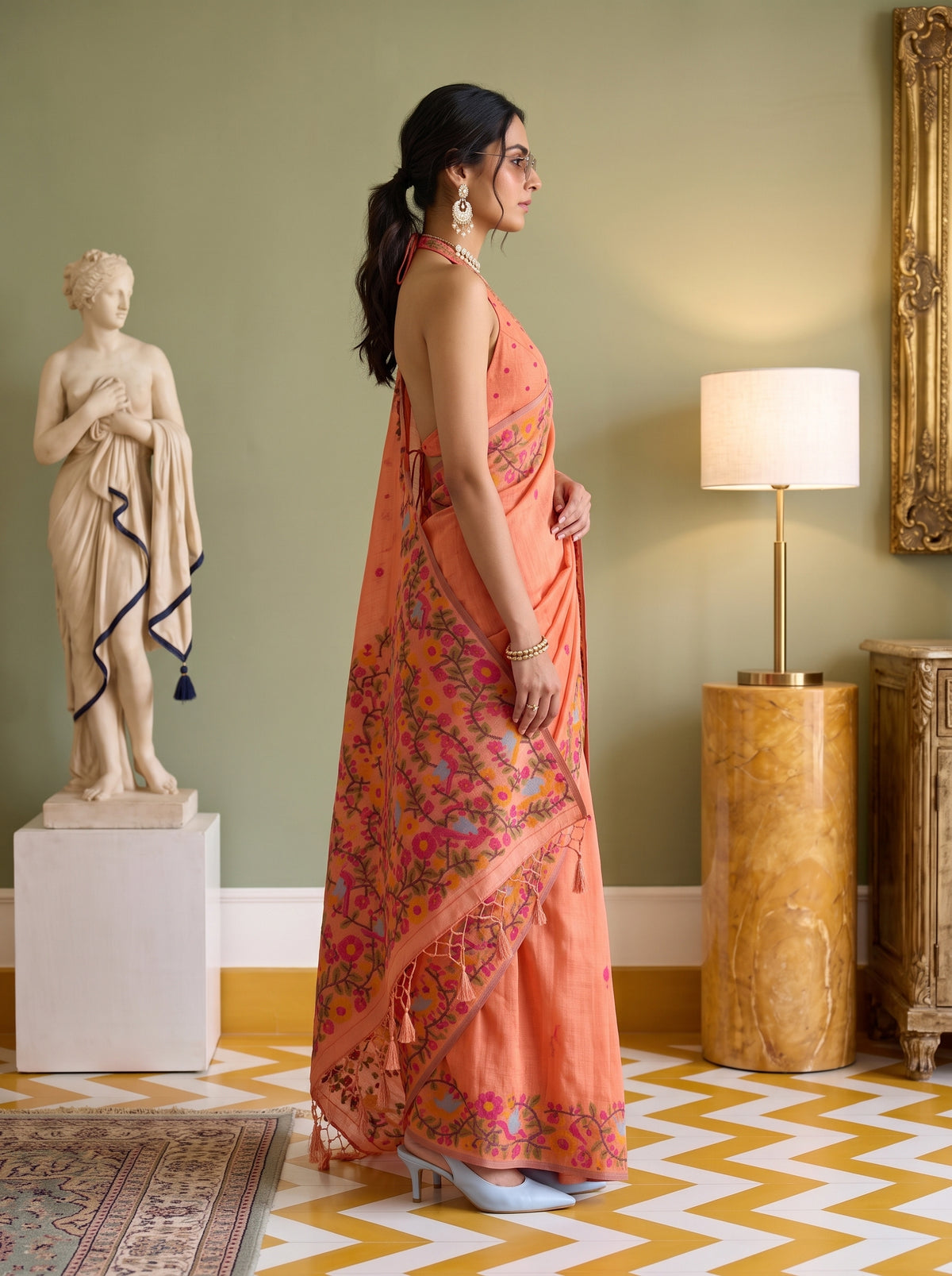 MIMOSA Gajari Banarasi Linen Saree — pose 3 styling detail