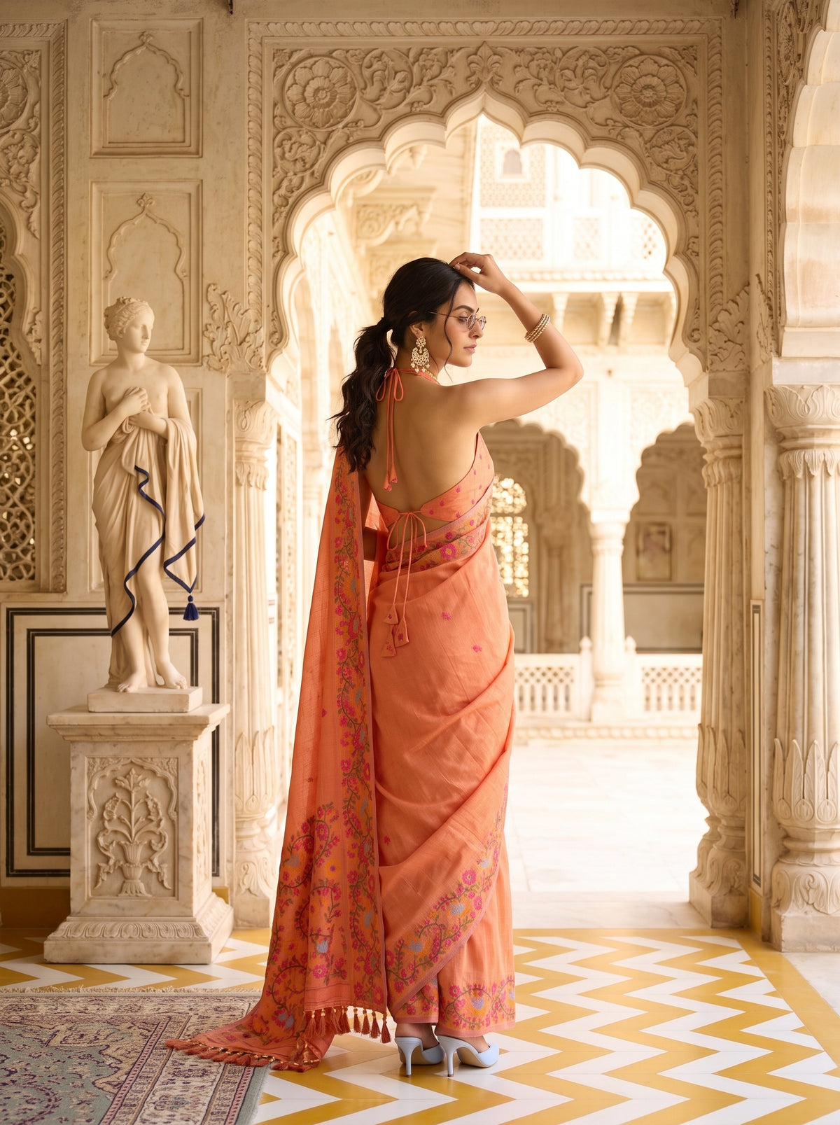 MIMOSA Gajari Banarasi Linen Saree — pose 9 styling detail