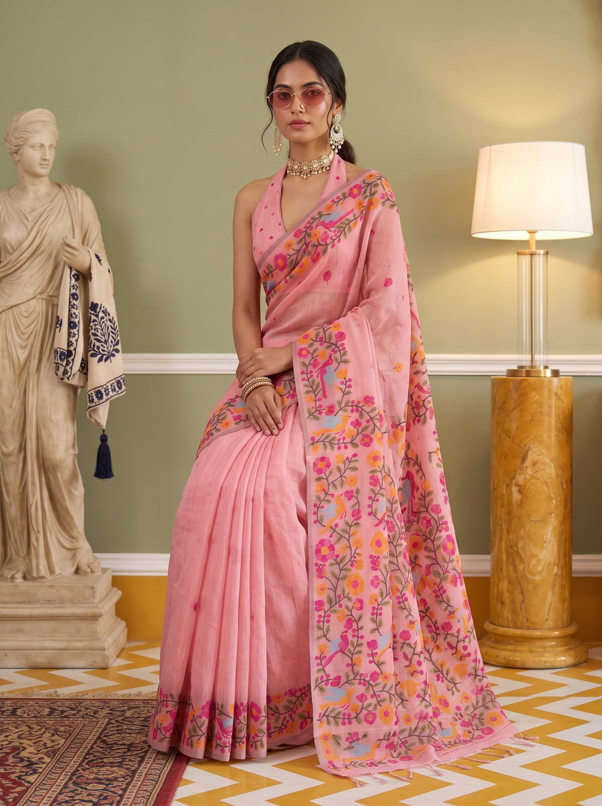 MIMOSA Peach Banarasi Linen Saree — pose 8 styling detail