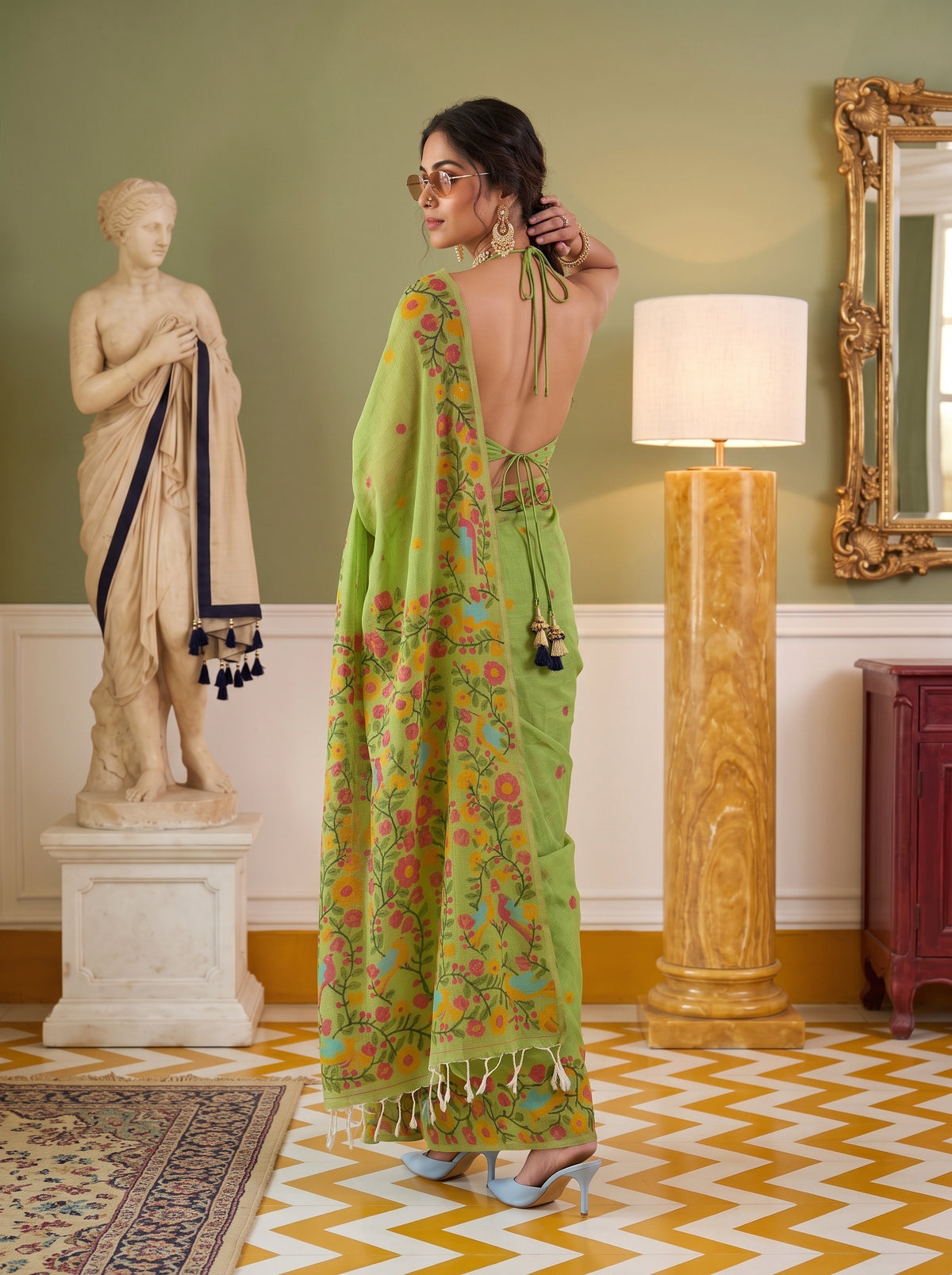 MIMOSA Parrot Green Banarasi Linen Saree — pose 5 styling detail