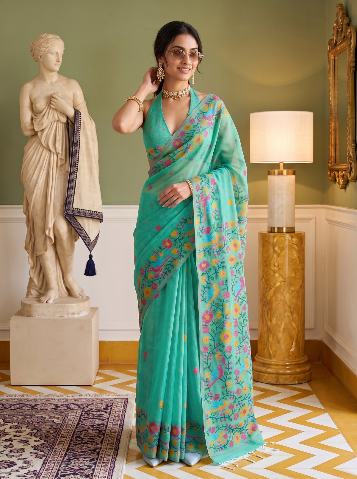 MIMOSA Rama Banarasi Linen Saree — pose 10 styling detail