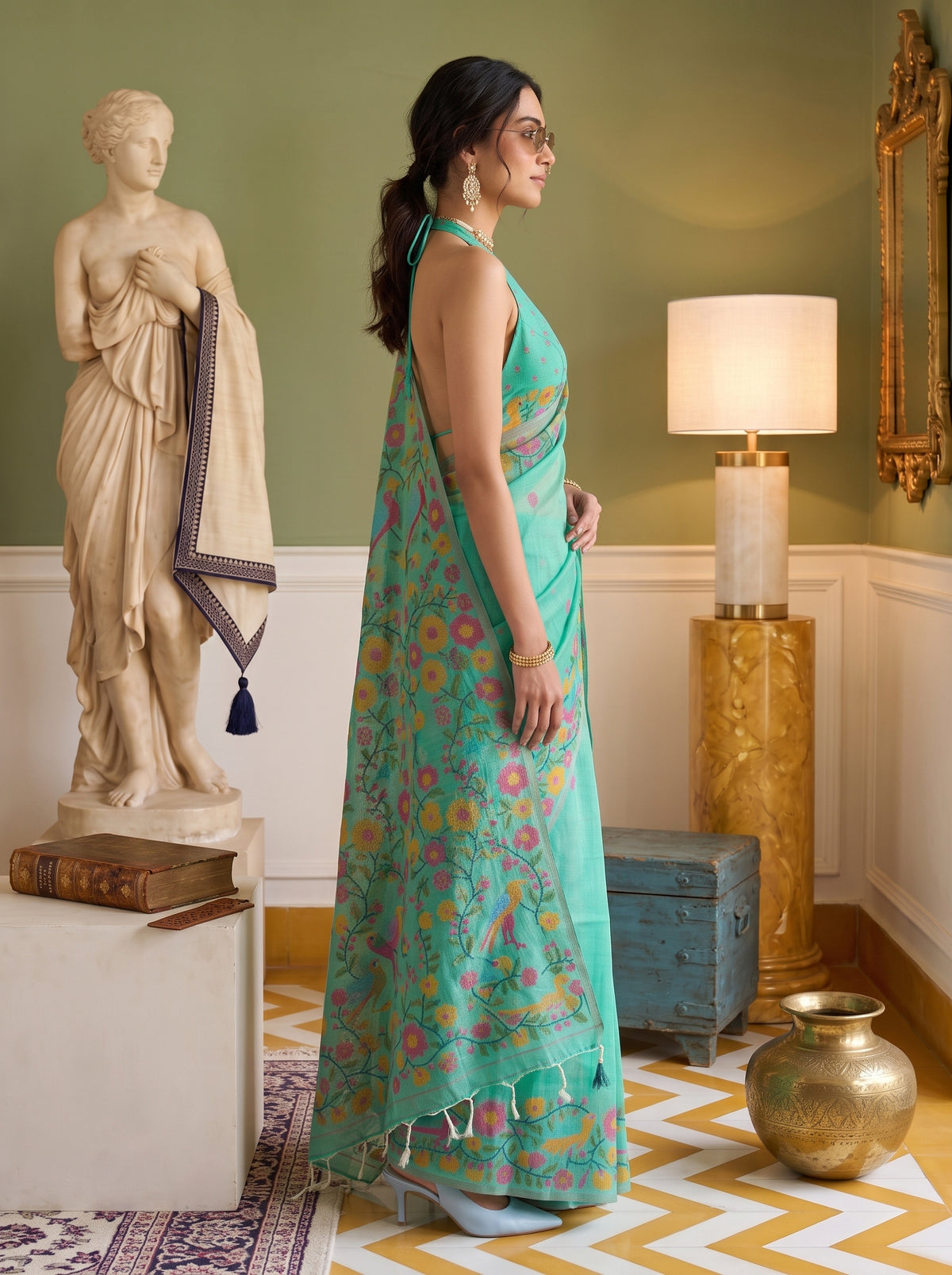 MIMOSA Rama Banarasi Linen Saree — pose 3 styling detail