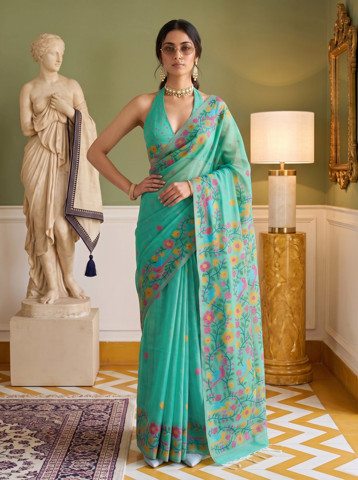 MIMOSA Rama Banarasi Linen Saree — pose 4 styling detail