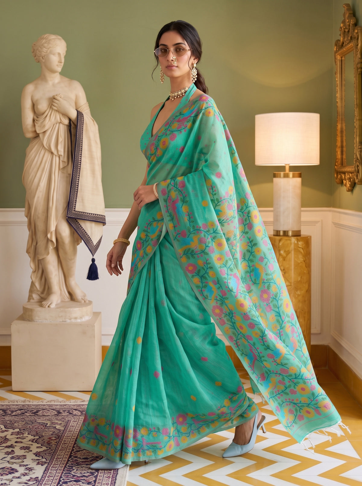 MIMOSA Rama Banarasi Linen Saree — pose 6 styling detail