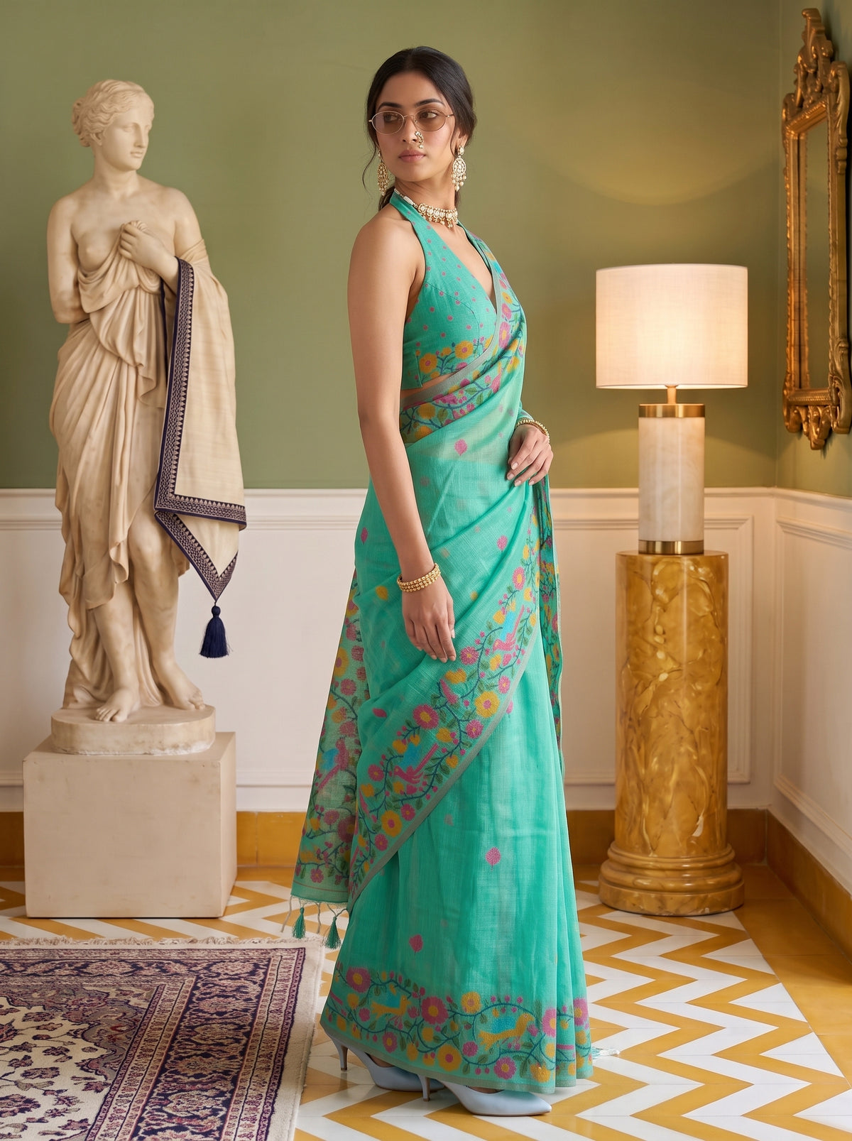 MIMOSA Rama Banarasi Linen Saree — pose 9 styling detail