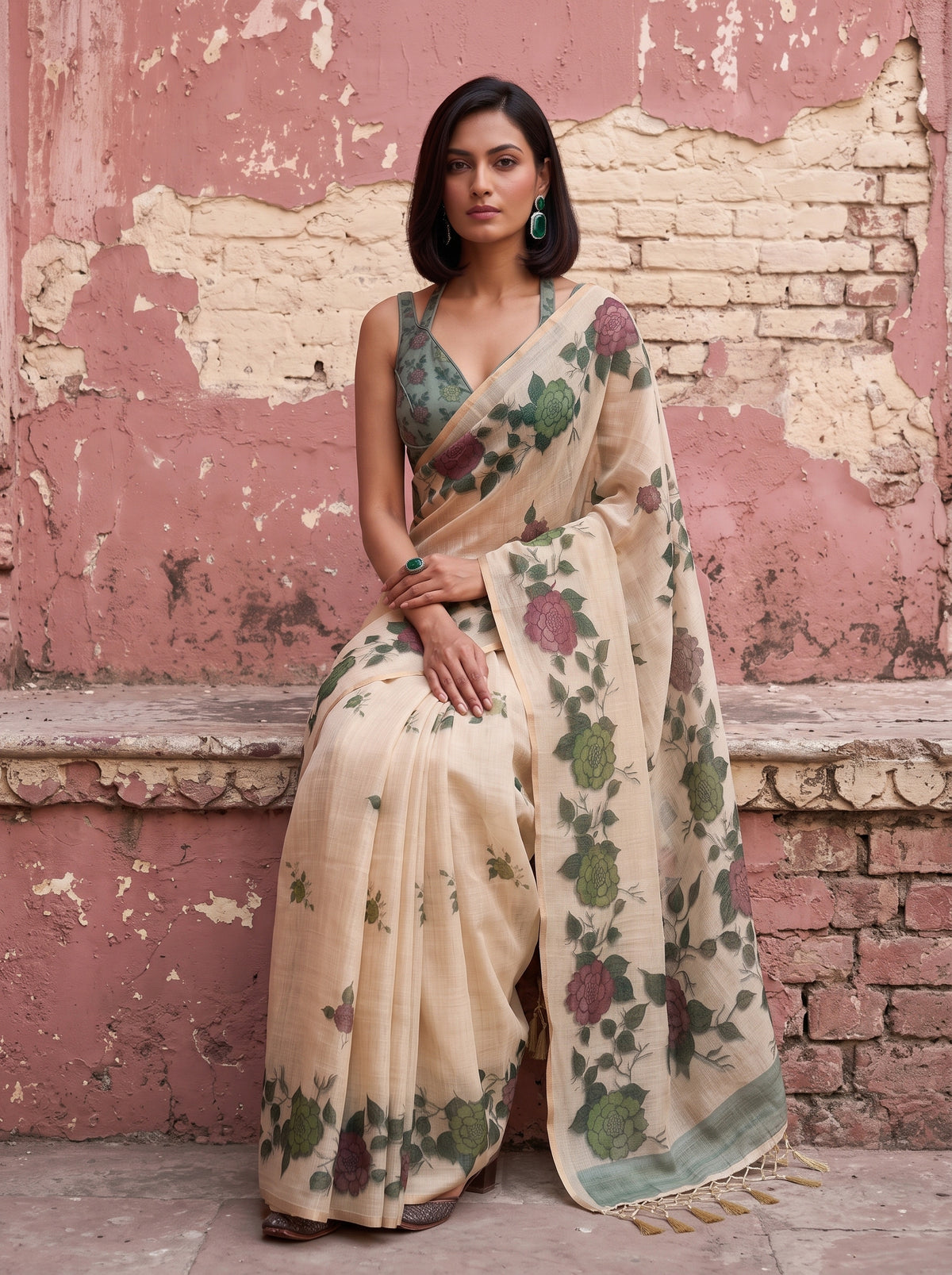 MIMOSA Bottle Green Banarasi Linen Saree — close-up of model's feet