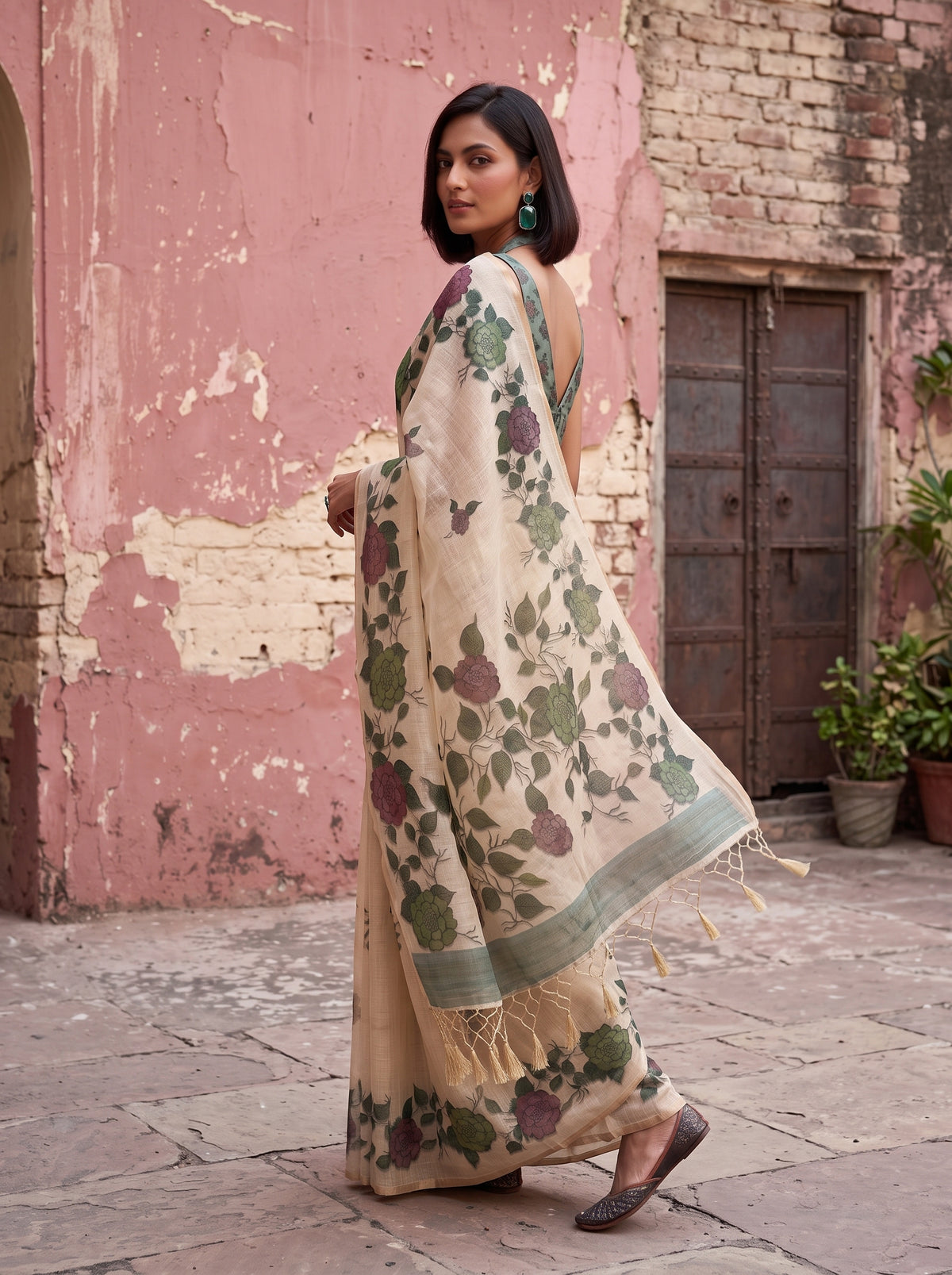 MIMOSA Bottle Green Banarasi Saree — pose 9 styling detail