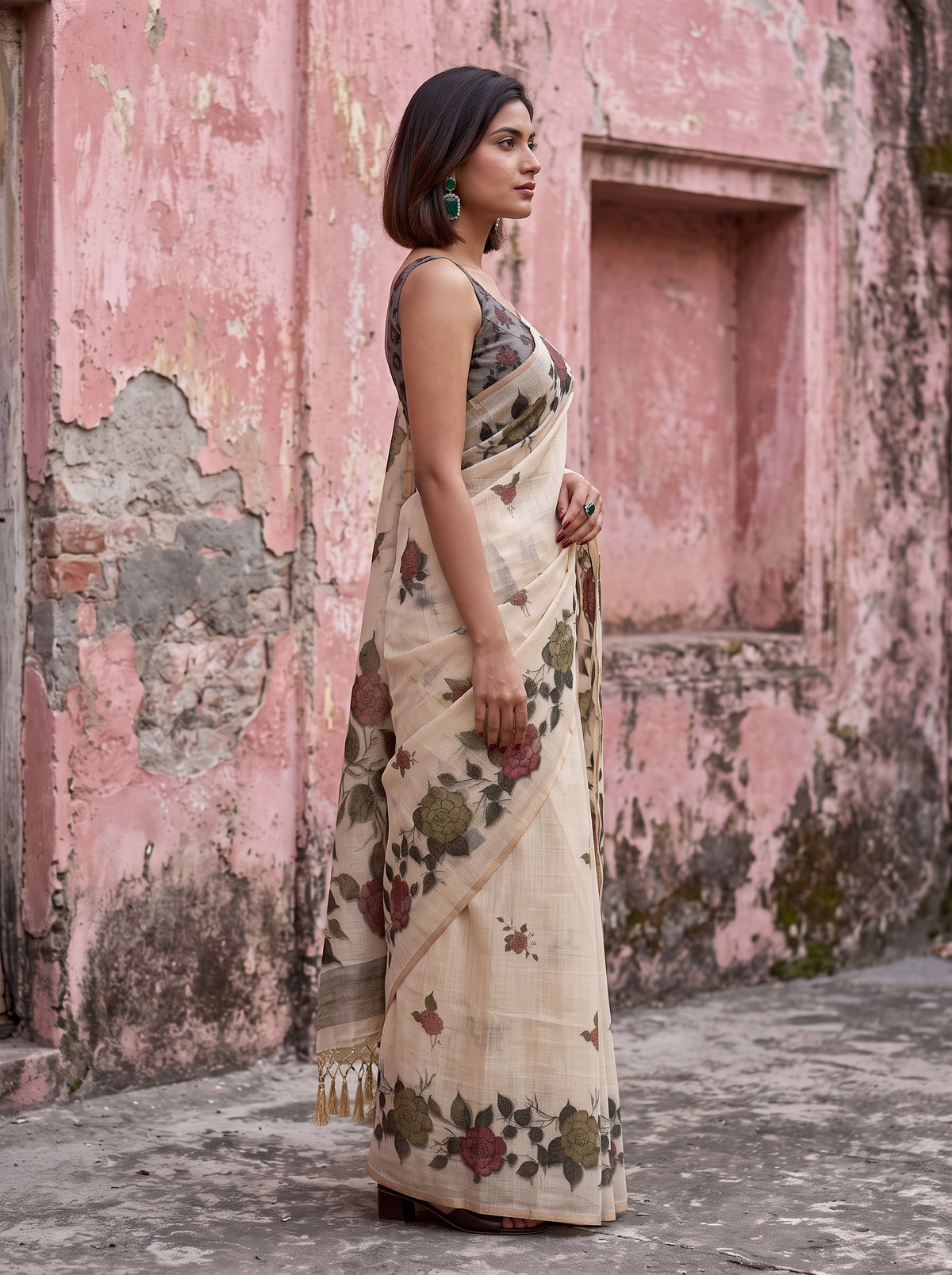 MIMOSA Grey Banarasi Linen Saree — close-up of model's arm