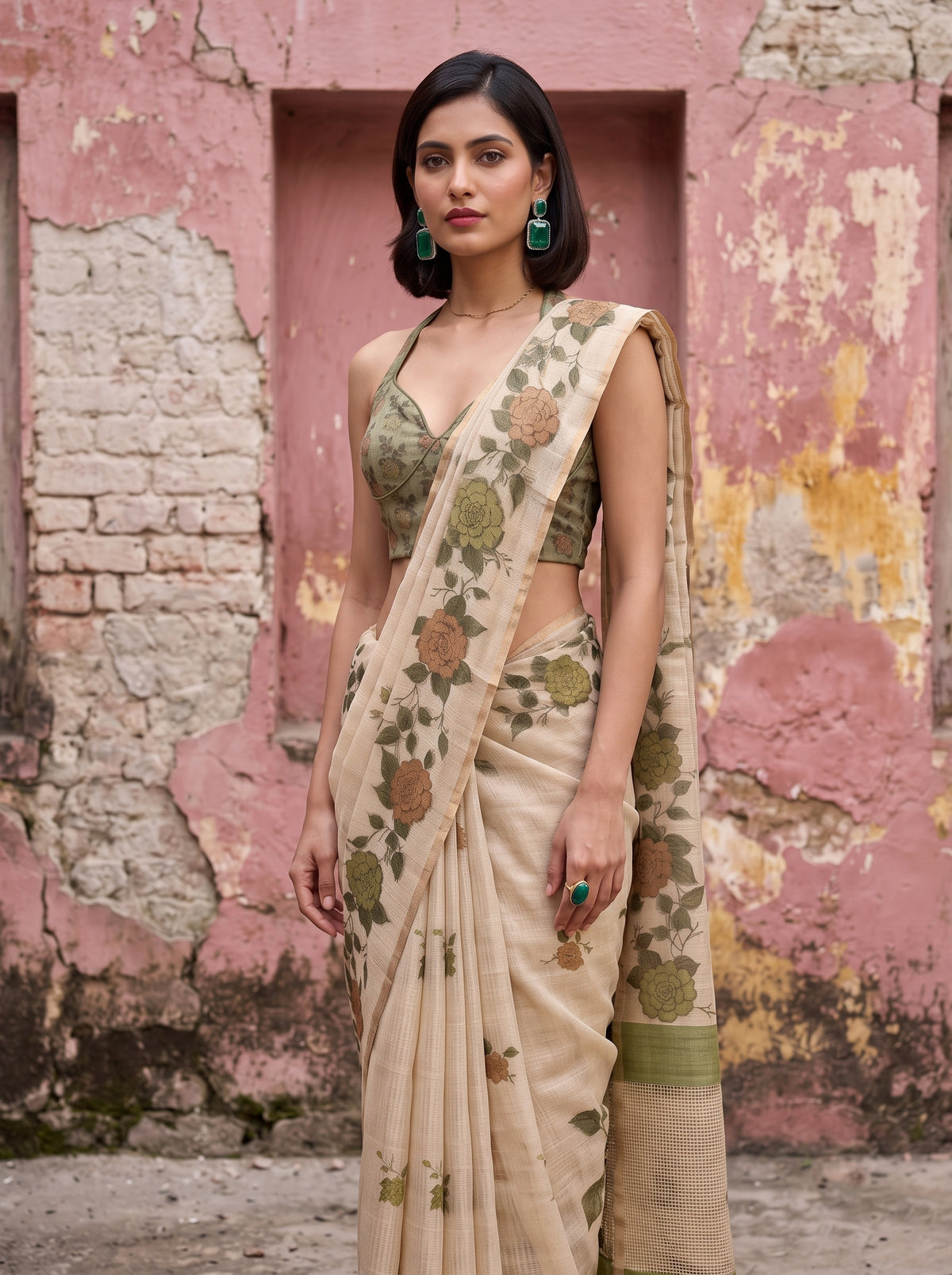 MIMOSA Olive Banarasi Saree — pose 10 styling detail