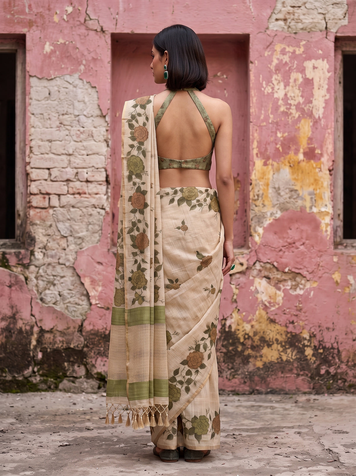 MIMOSA Olive Banarasi Linen Saree — close-up of model's face