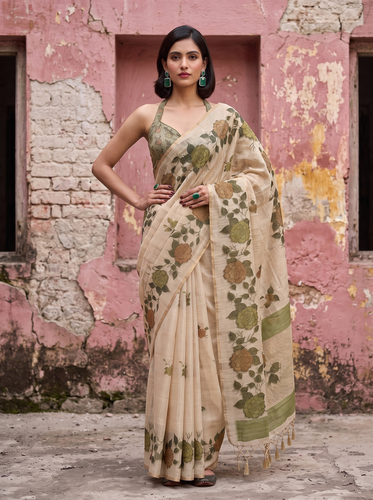 MIMOSA Olive Banarasi Linen Saree — close-up of model's torso and hand with ring