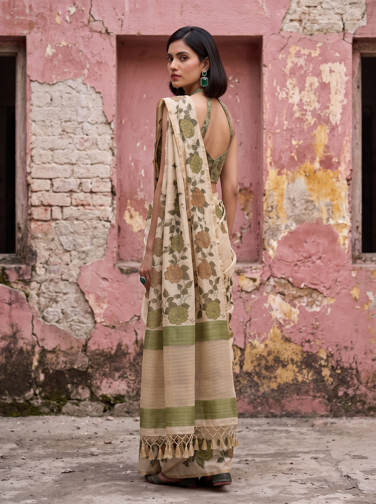 MIMOSA Olive Banarasi Saree — pose 7 styling detail