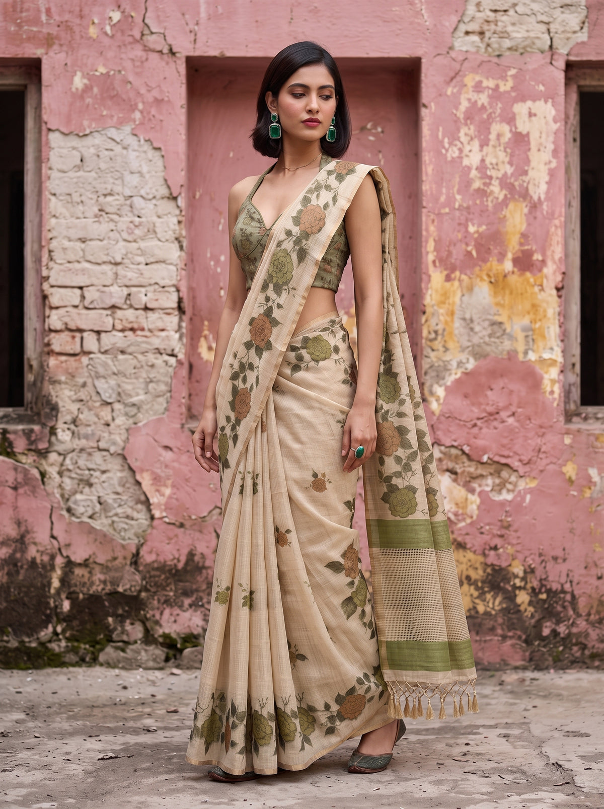 MIMOSA Olive Banarasi Saree — pose 9 styling detail