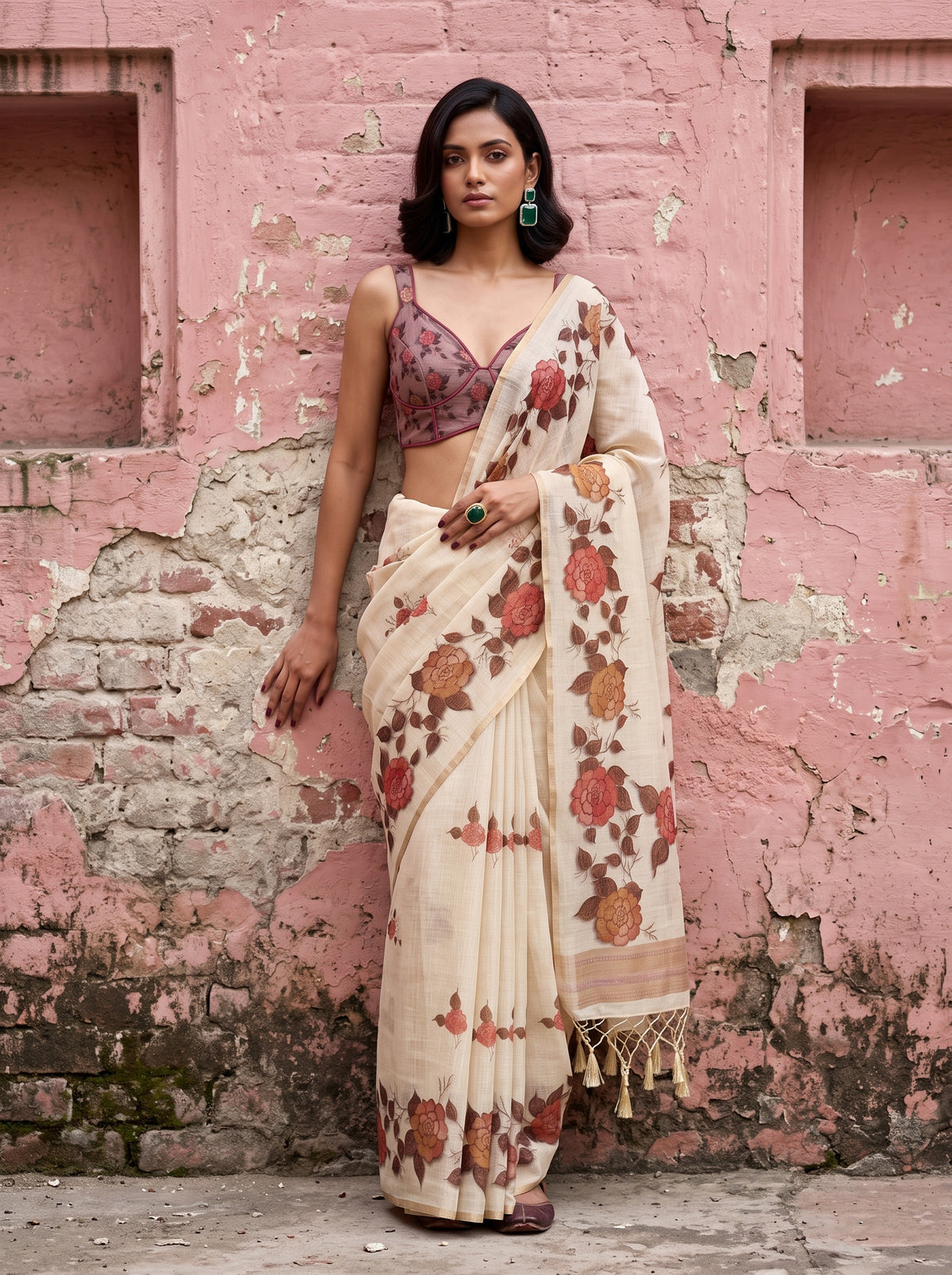 MIMOSA Pink Banarasi Linen Saree — full length pose
