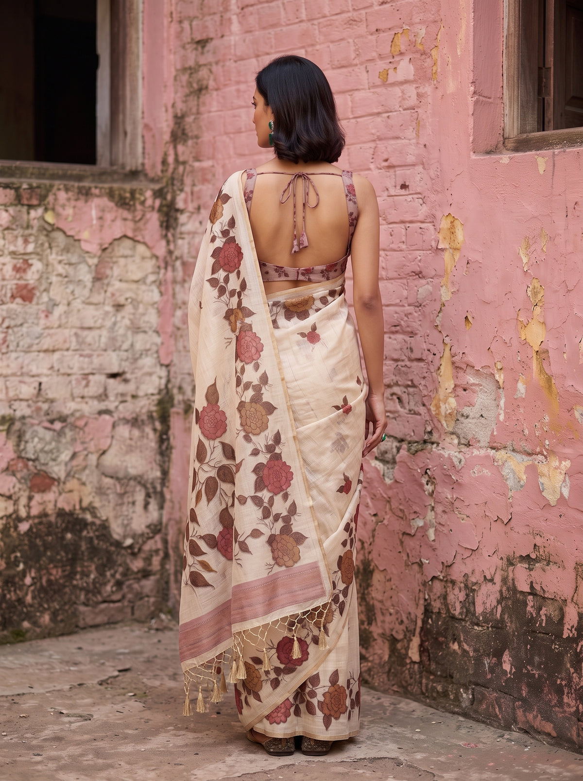 MIMOSA Pink Banarasi Linen Saree — close-up of model's face