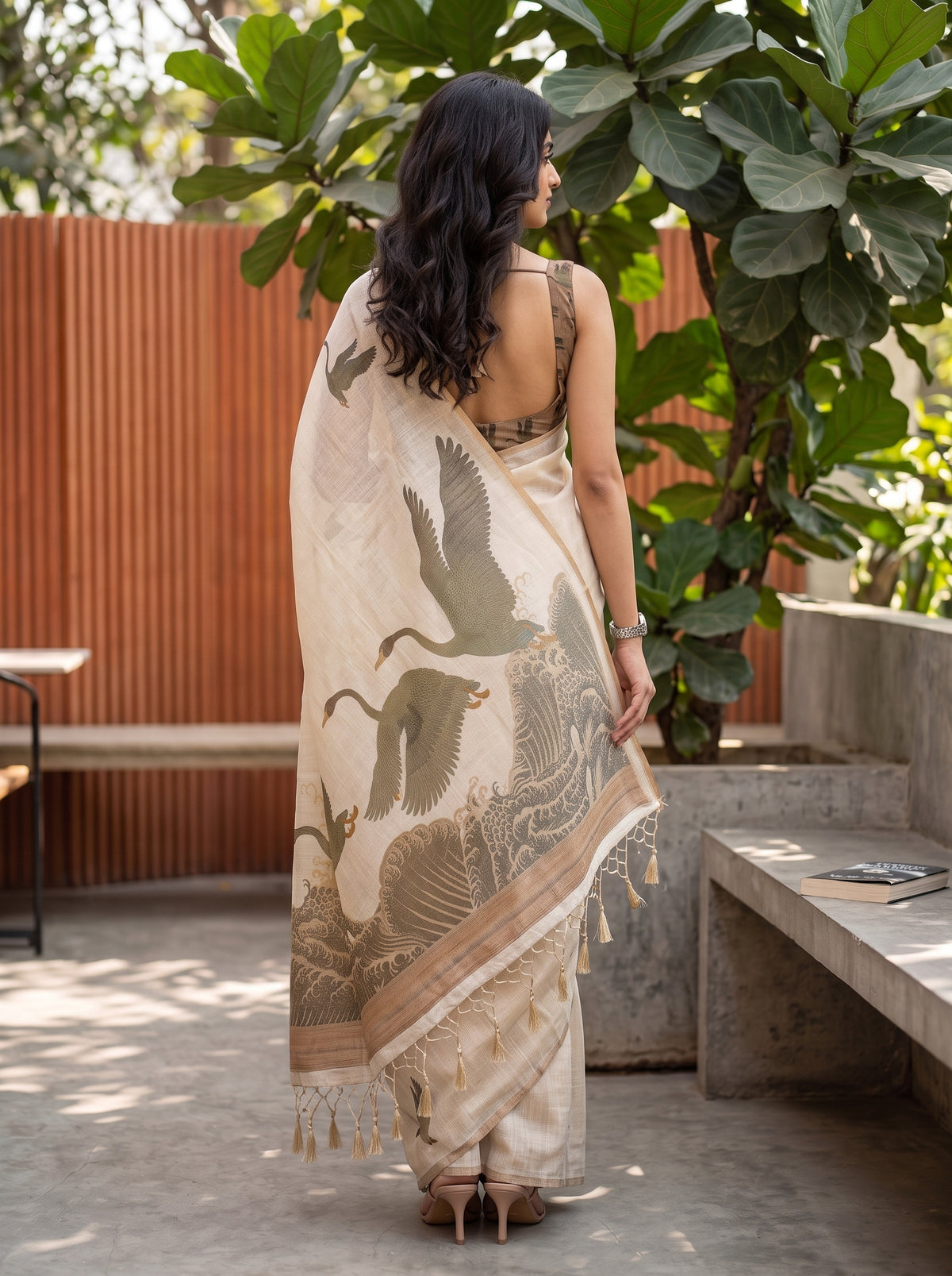 MIMOSA Olive Banarasi Saree — pose 2 styling detail