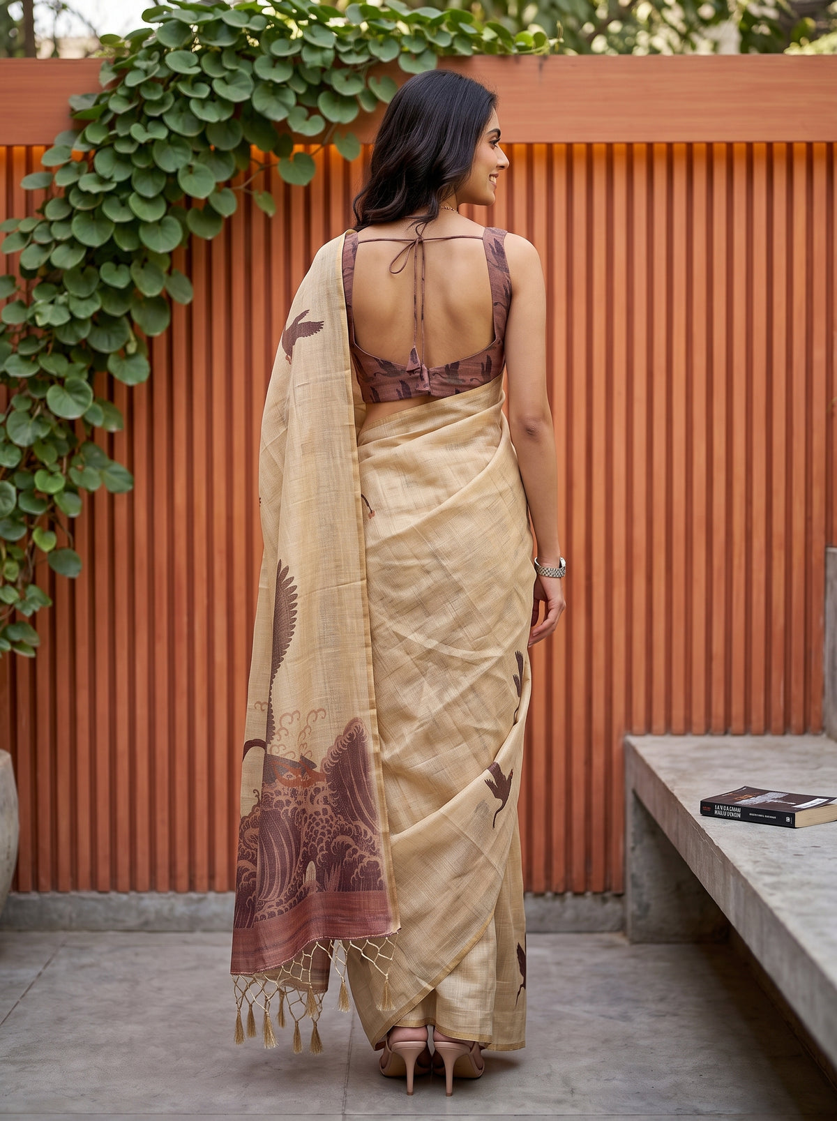 MIMOSA Peach Banarasi Saree — pose 2 styling detail