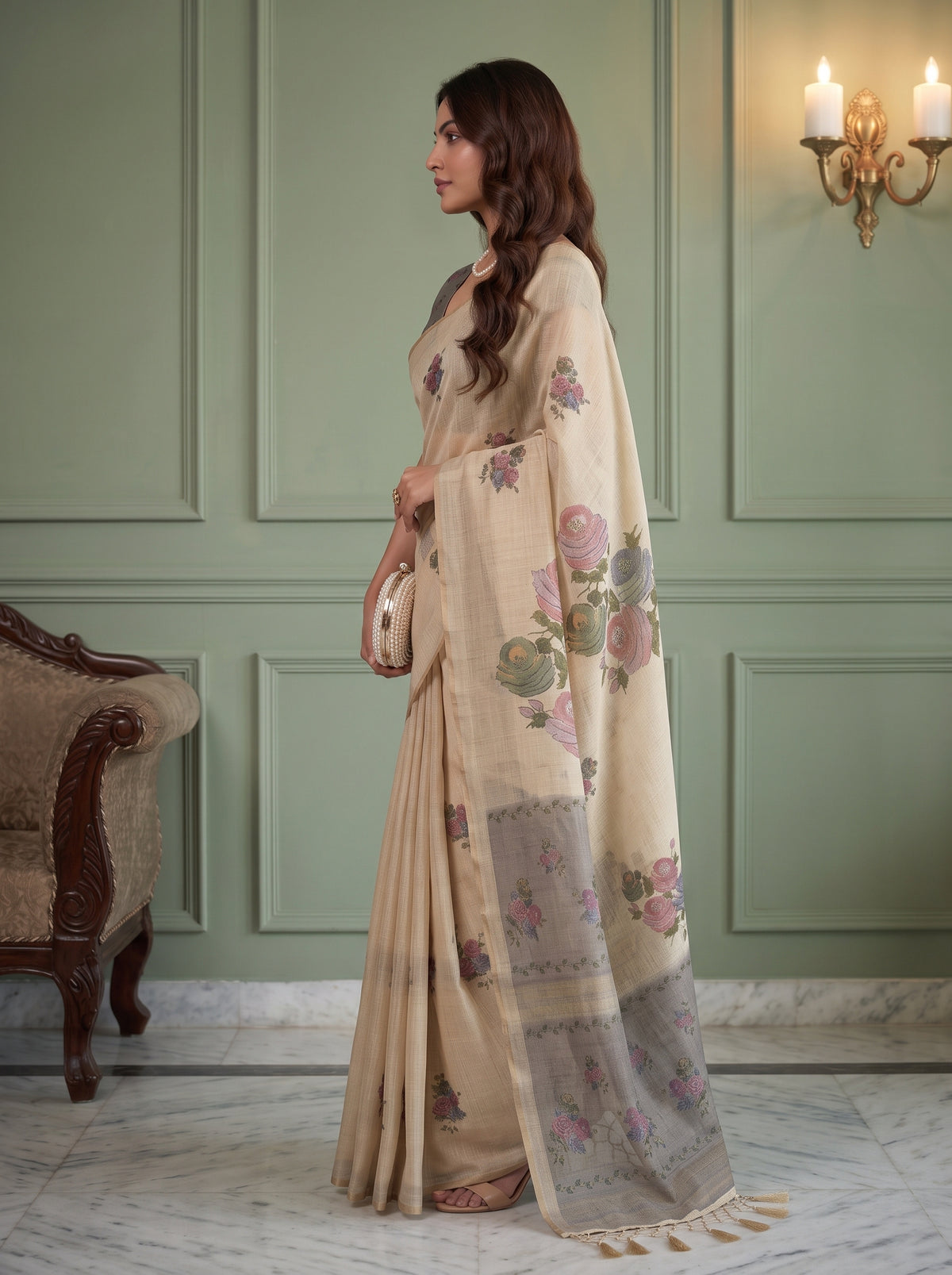 MIMOSA Grey Banarasi Linen Saree — pose 3 styling detail