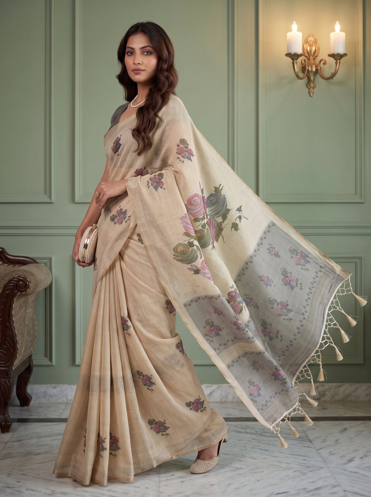 MIMOSA Grey Banarasi Linen Saree — pose 6 styling detail