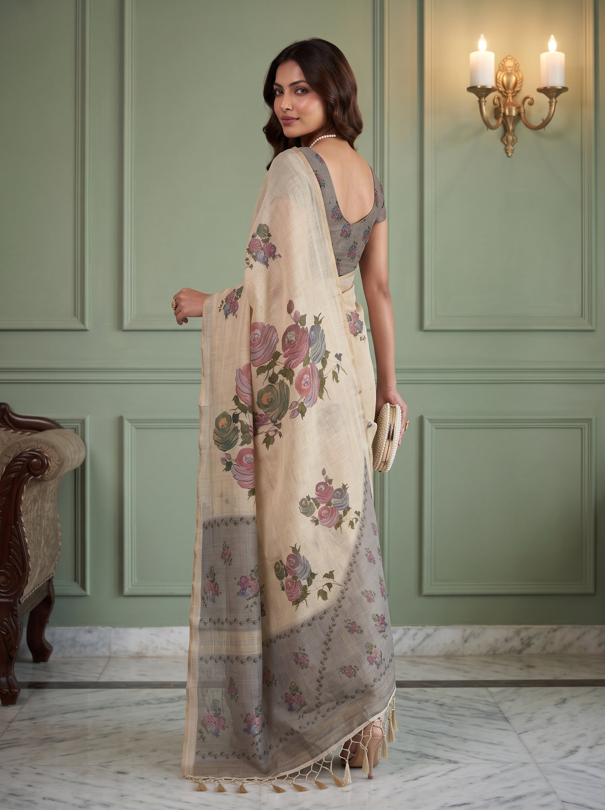 MIMOSA Grey Banarasi Linen Saree — pose 7 styling detail