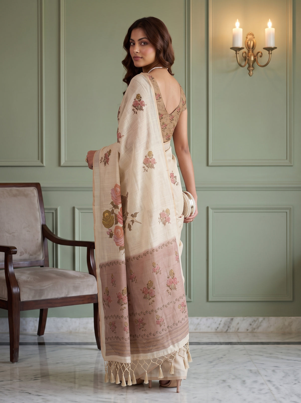 MIMOSA Mustard Banarasi Linen Saree — pose 7 styling detail