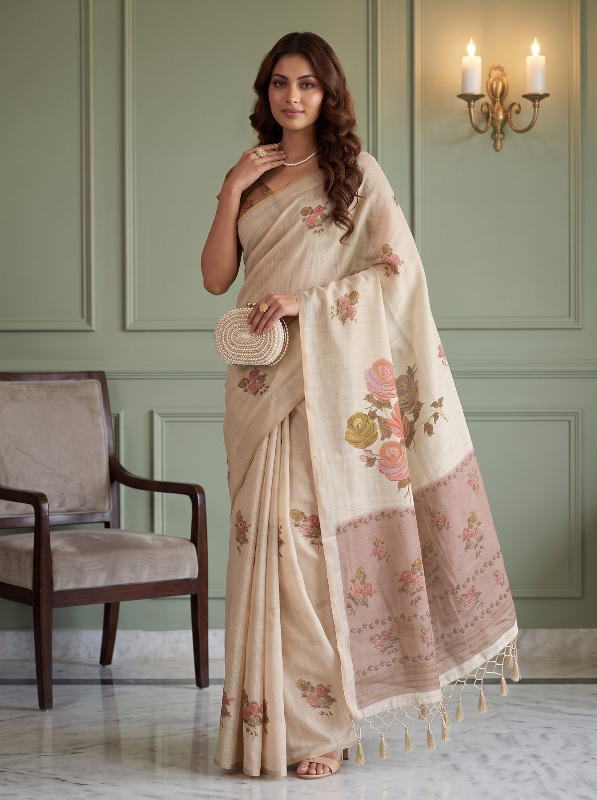 MIMOSA Mustard Banarasi Linen Saree — pose 9 styling detail