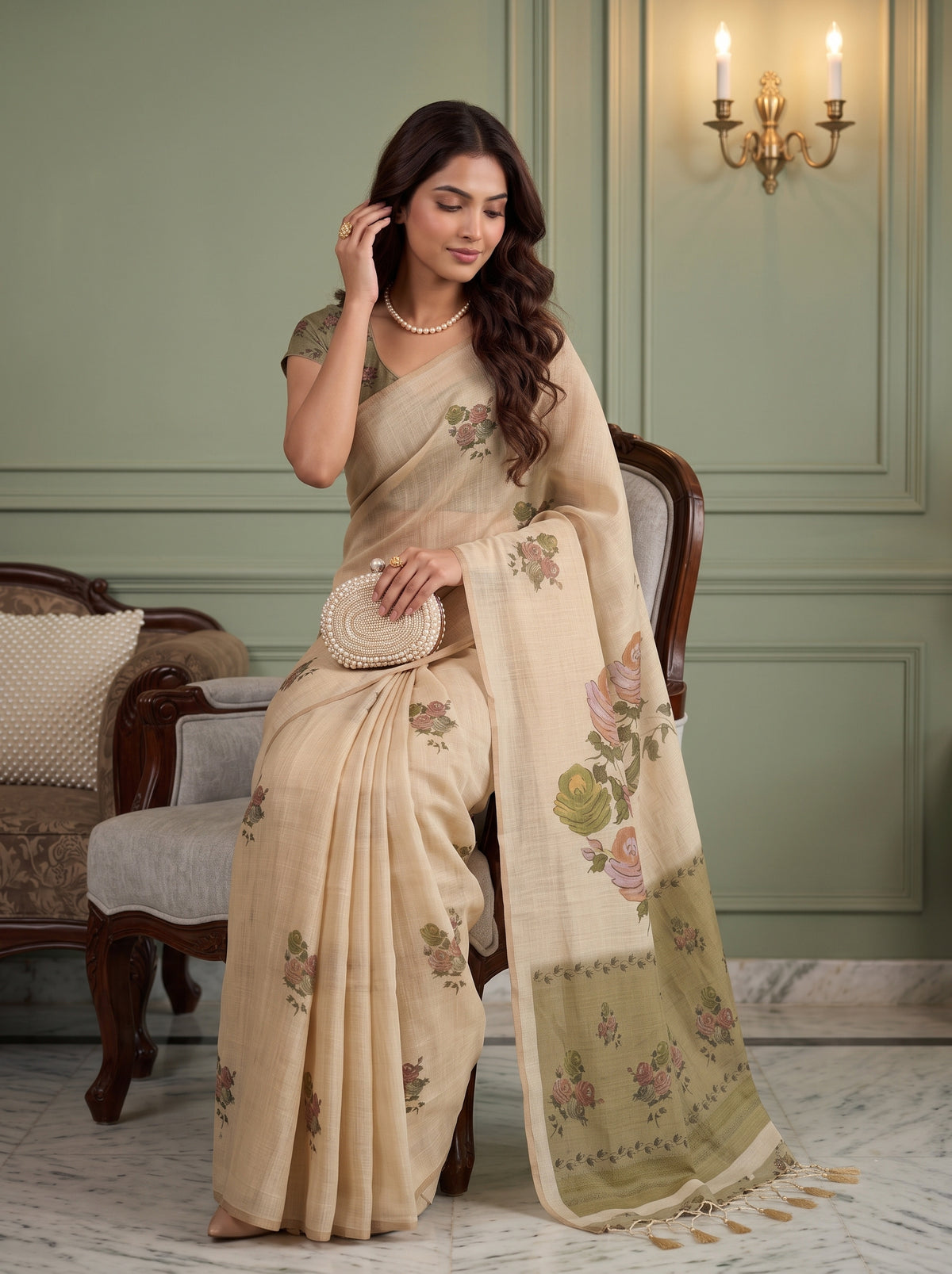 MIMOSA Olive Banarasi Linen Saree — pose 8 styling detail
