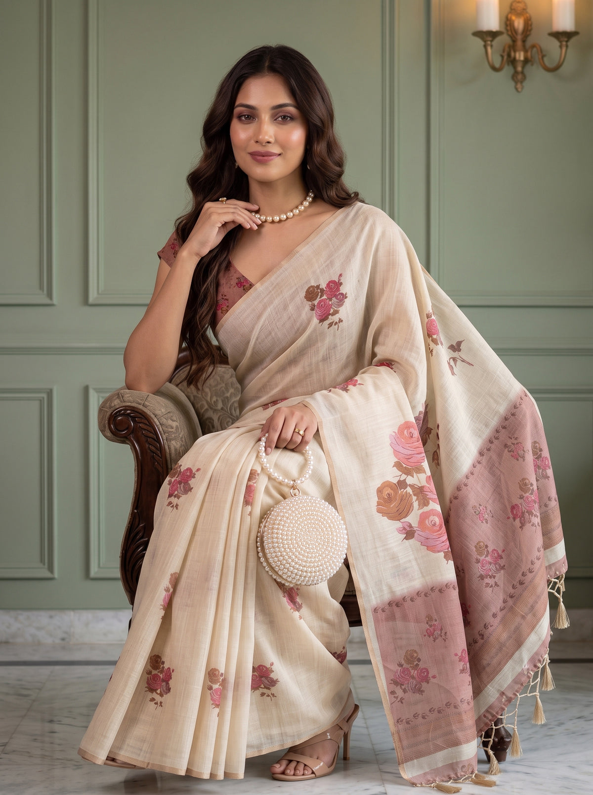 MIMOSA Peach Banarasi Linen Saree — pose 10 styling detail