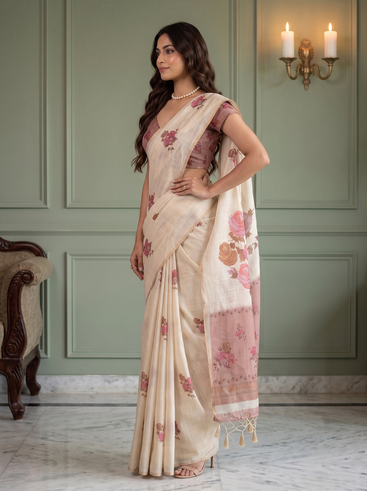 MIMOSA Peach Banarasi Linen Saree — pose 3 styling detail