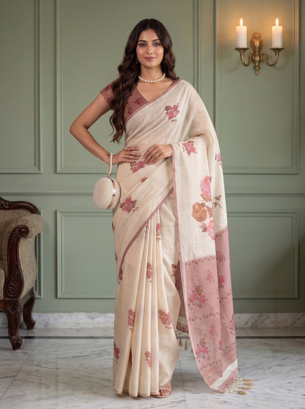 MIMOSA Peach Banarasi Linen Saree — pose 4 styling detail
