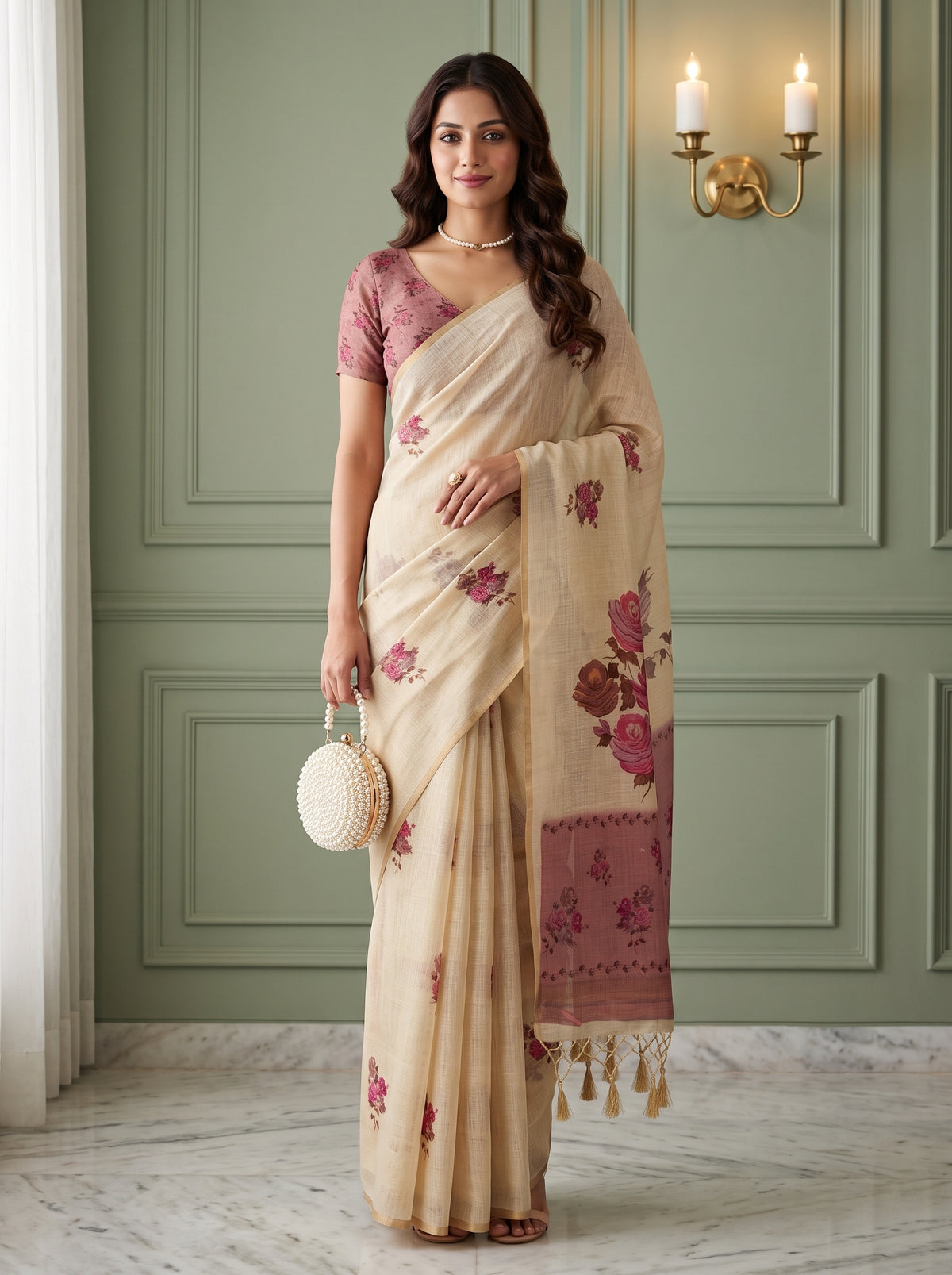 MIMOSA Pink Banarasi Linen Saree — AI Model lifestyle pose