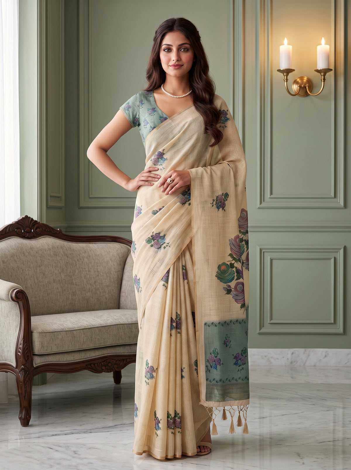 MIMOSA Sapphire Banarasi Linen Saree — pose 4 styling detail