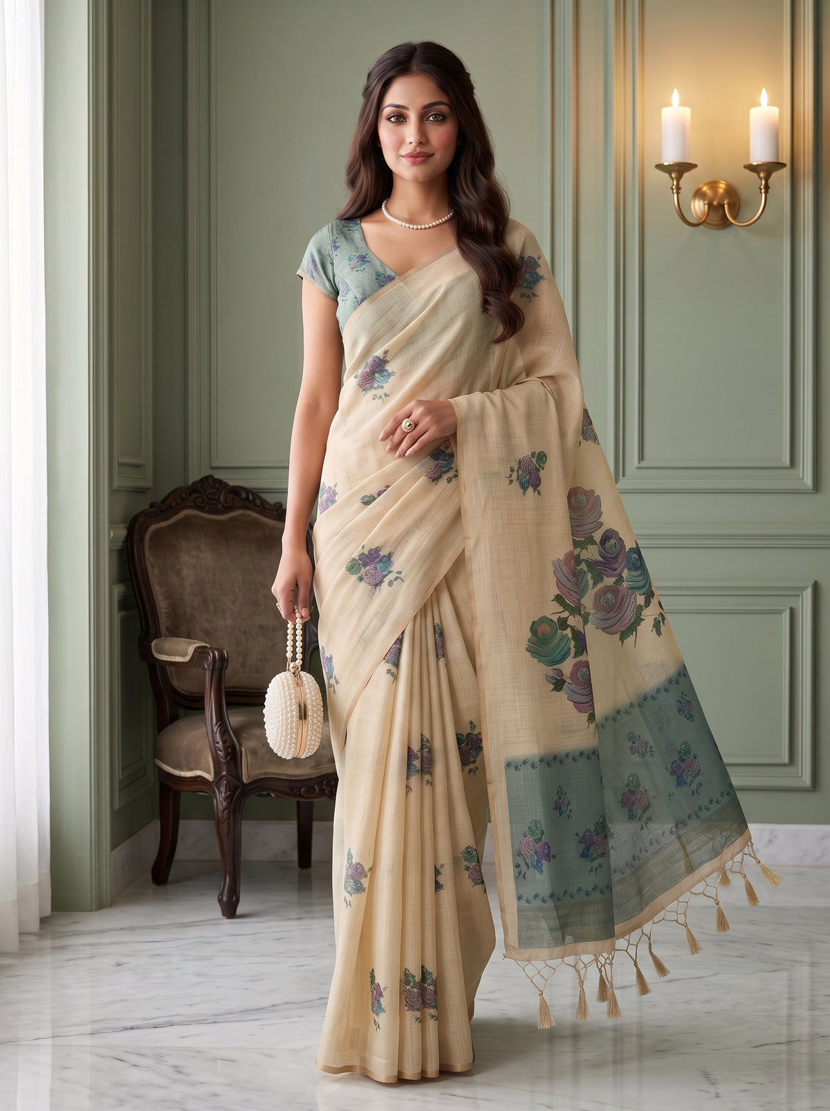 MIMOSA Sapphire Banarasi Linen Saree — pose 6 styling detail