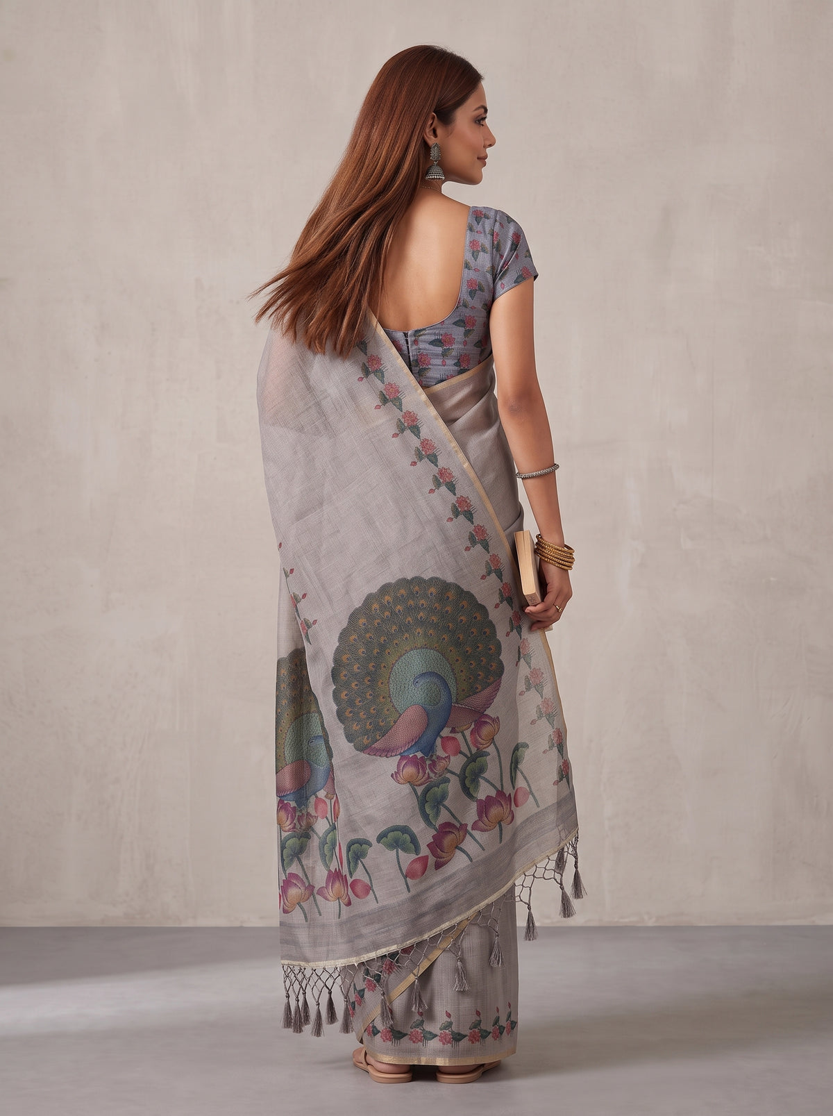 MIMOSA Grey Banarasi Linen Saree — Saree pallu and body shot