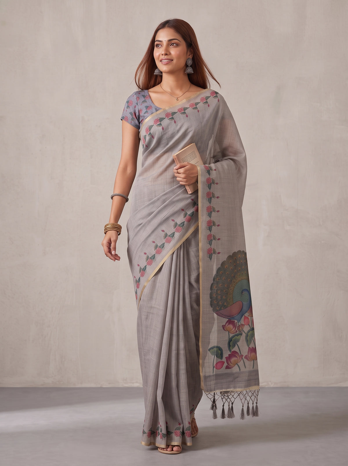 MIMOSA Grey Banarasi Linen Saree — pose 6 styling detail