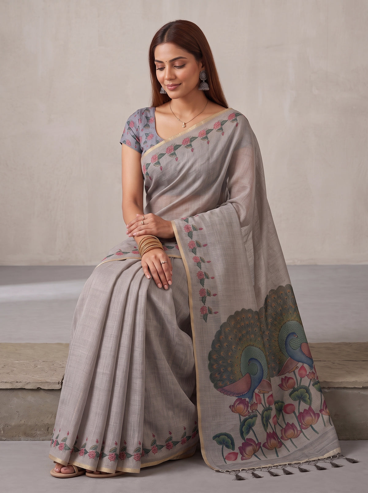 MIMOSA Grey Banarasi Linen Saree — pose 8 styling detail