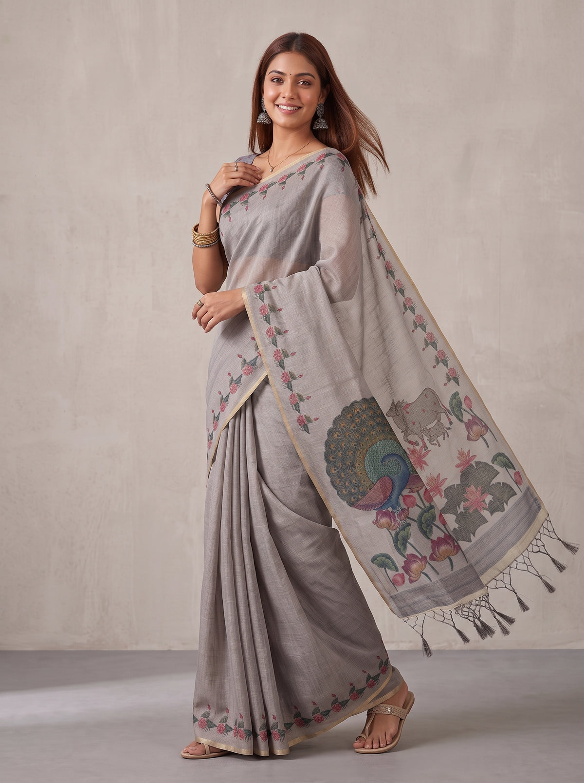 MIMOSA Grey Banarasi Linen Saree — pose 9 styling detail
